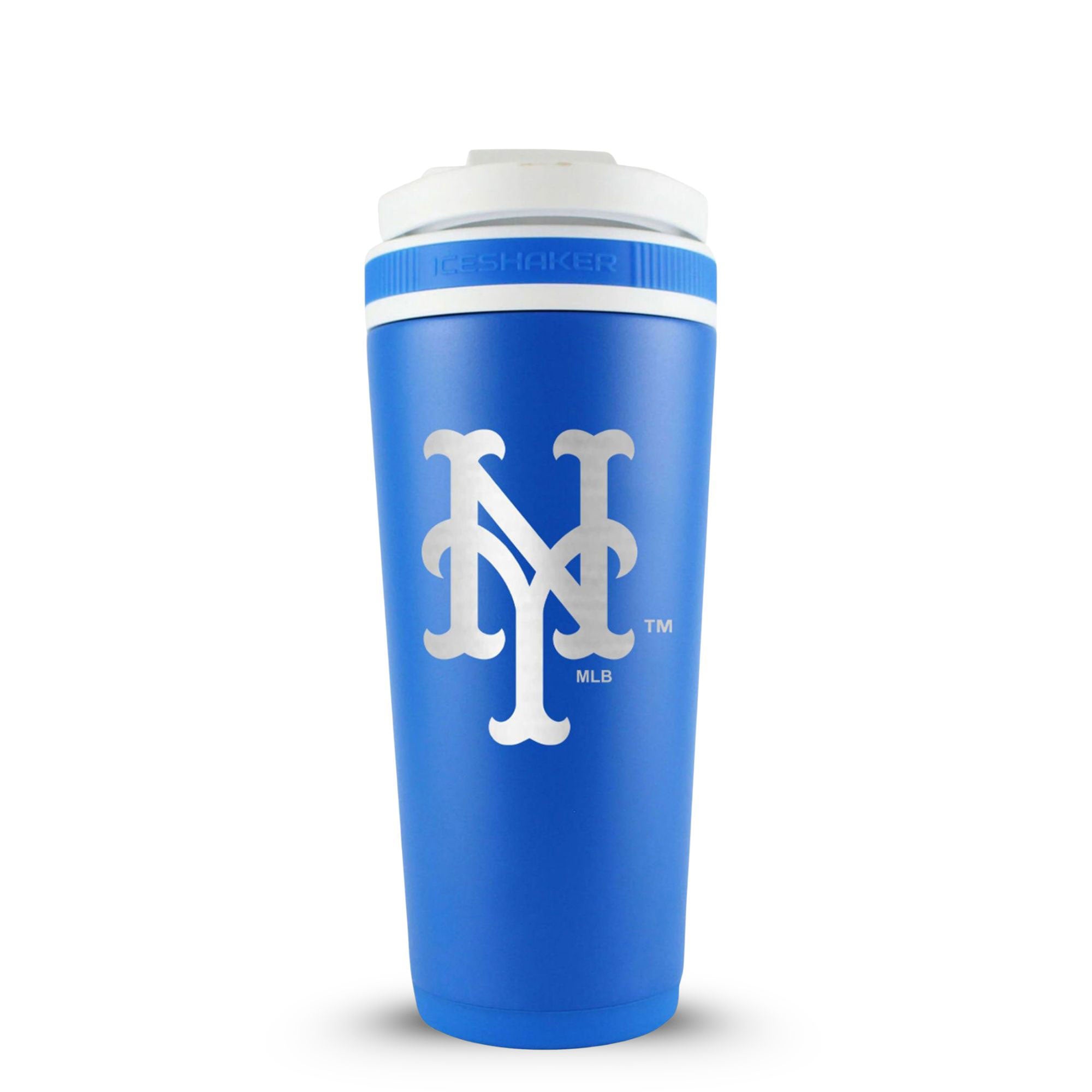 Royal Blue 26oz Ice Shaker with the New York Mets logo engraved on the back of it.
