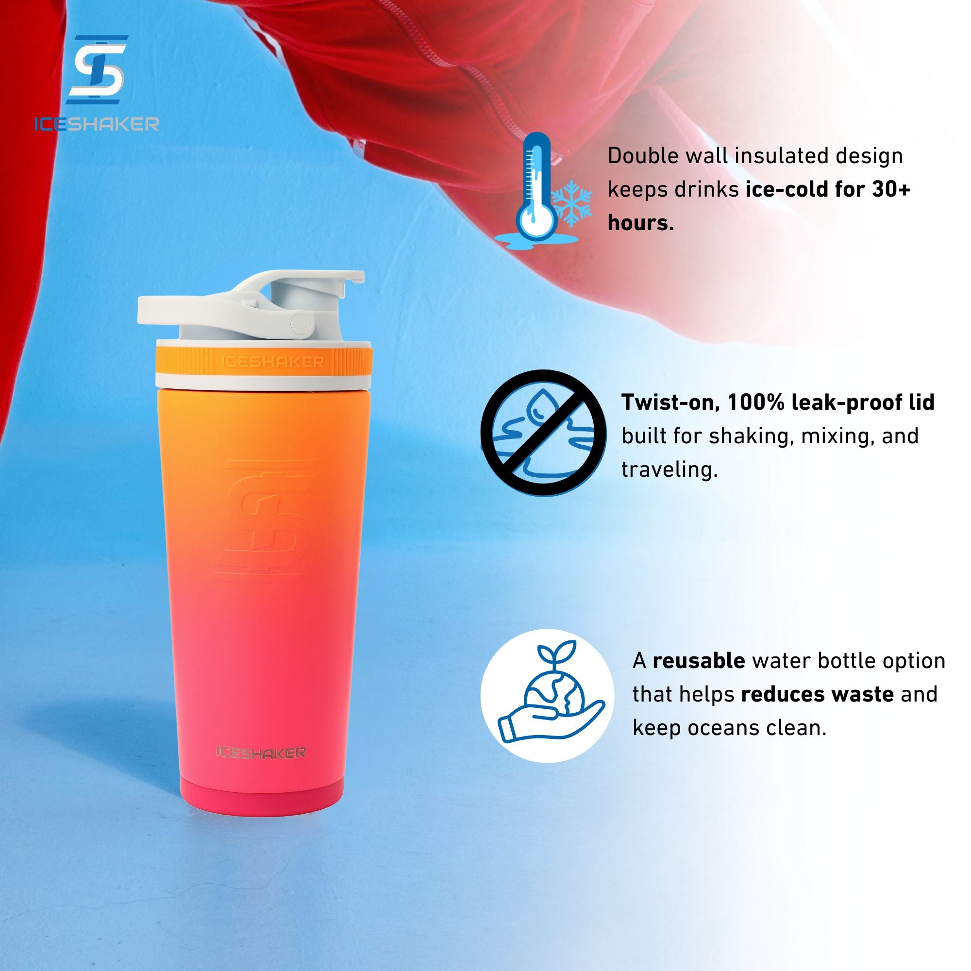 Sunkissed 26oz Ice shaker bottle with text highlighting features on a blue background. Text includes important product features including: double-wall insulated design keeps drinks ice-cold for 30+ hours, twist-on 100% leak-proof lid built for shaking, mixing, and traveling, and a reusable water bottle option that helps reduce waste and keep oceans clean.