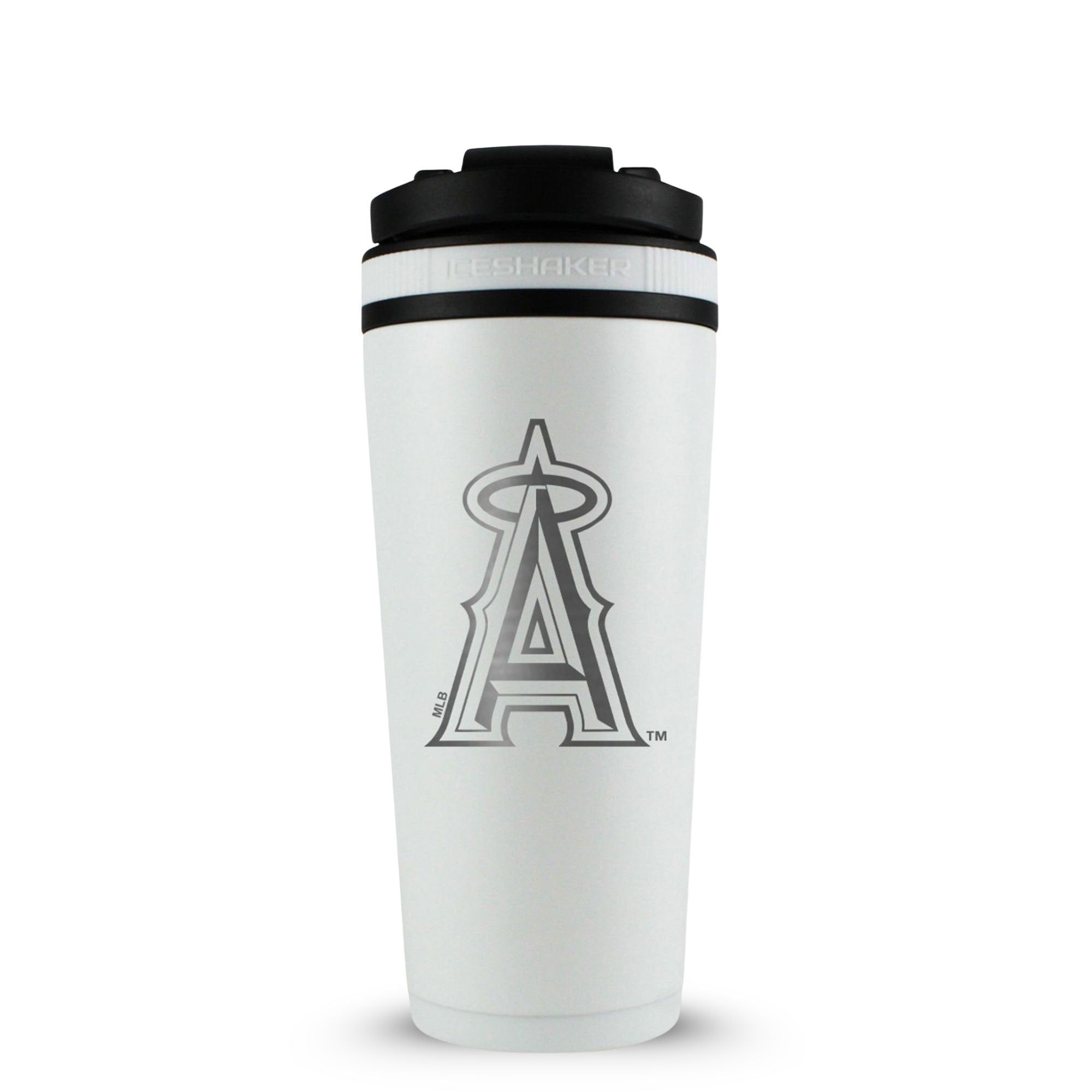 White 26oz Ice Shaker with the Los Angeles Angels logo engraved on the back of it.