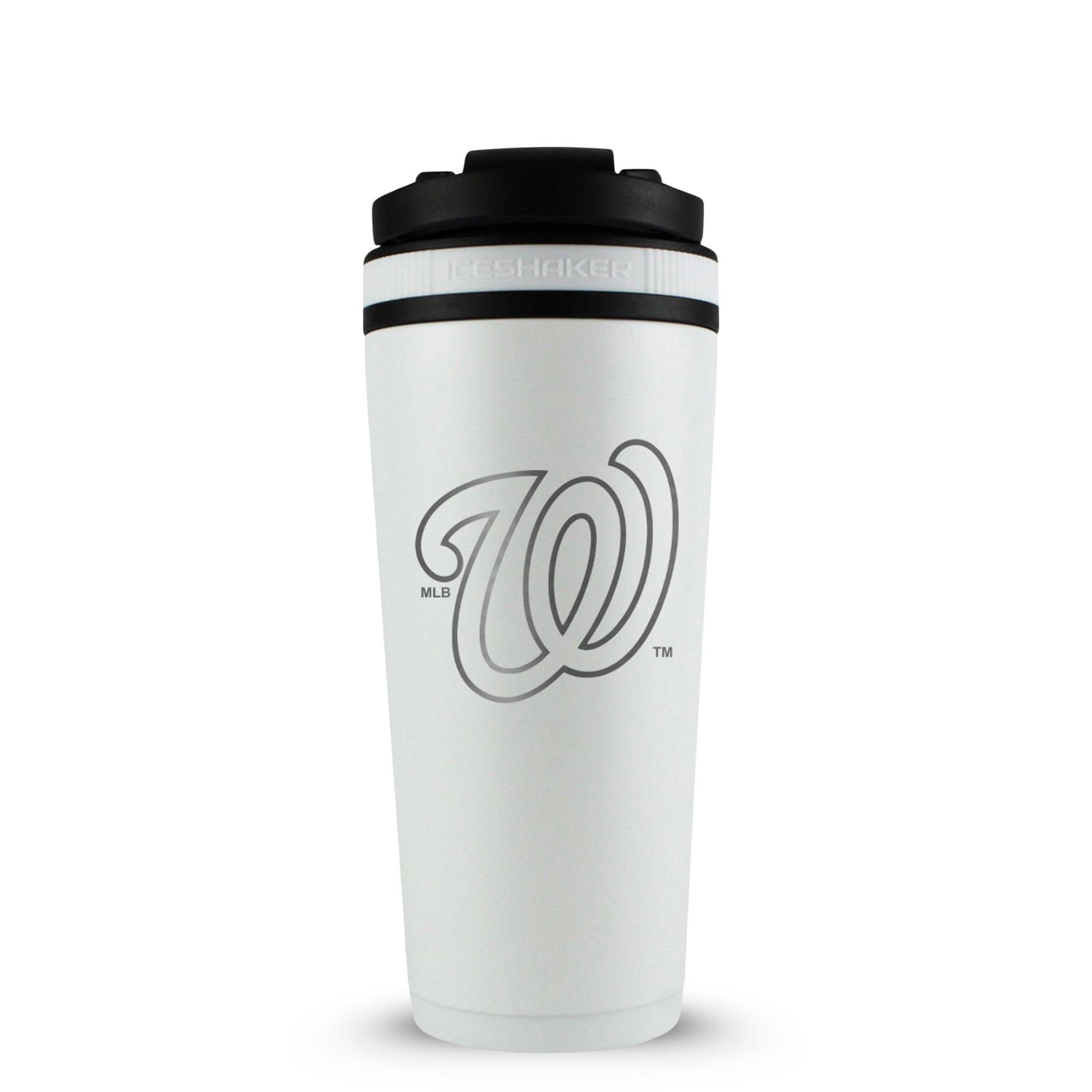 White 26oz Ice Shaker with the Washington Nationals logo engraved on the back of it.
