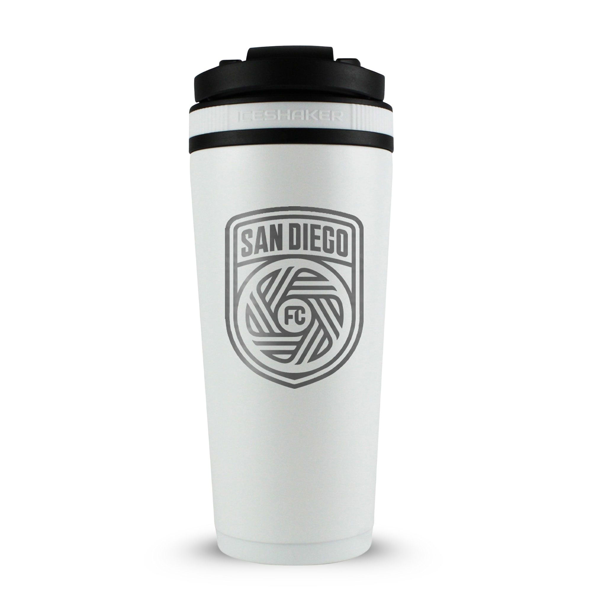 White 26oz Ice Shaker with the San Diego FC logo engraved on the back of it.
