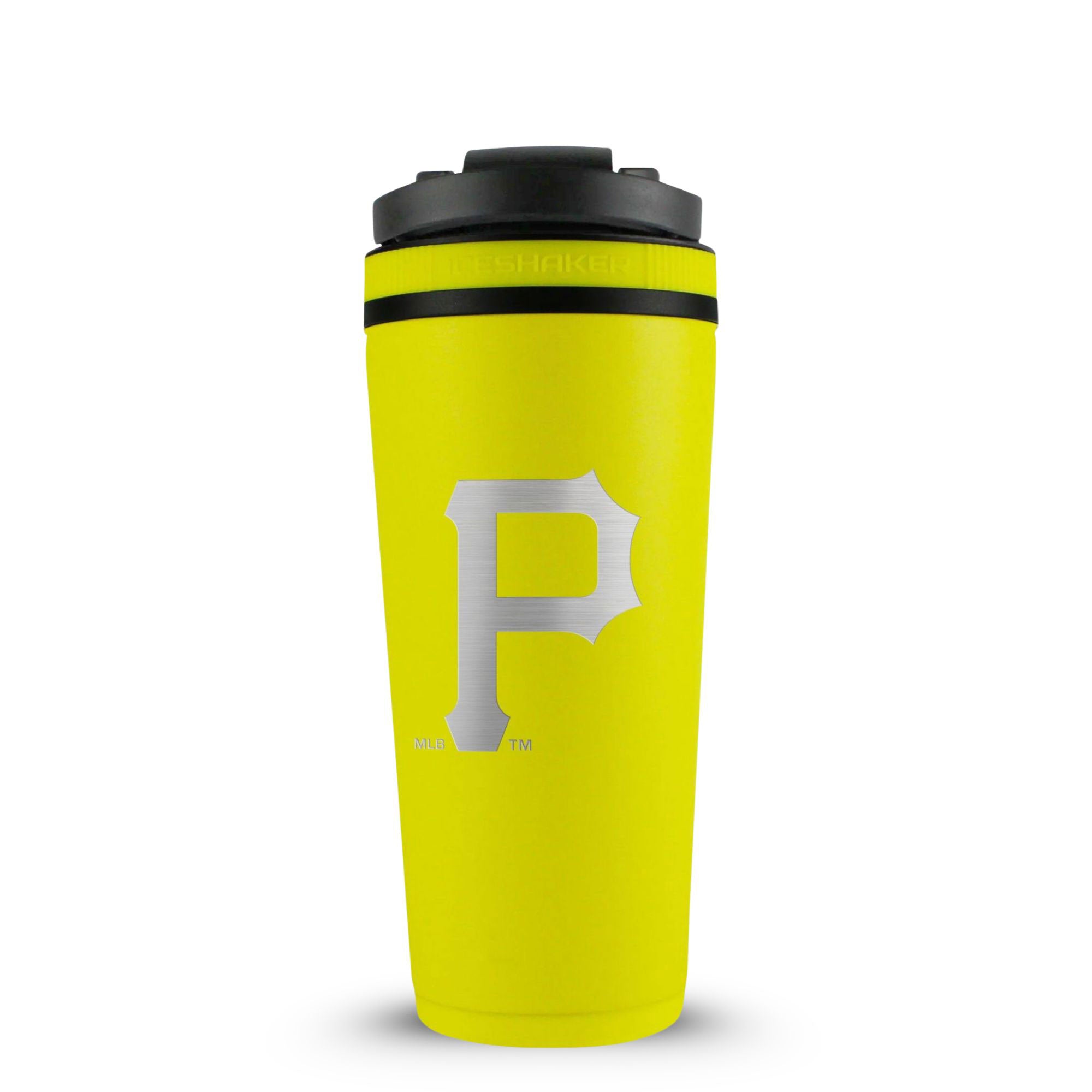 Yellow 26oz Ice Shaker with the Pittsburgh Pirates logo engraved on the back of it.