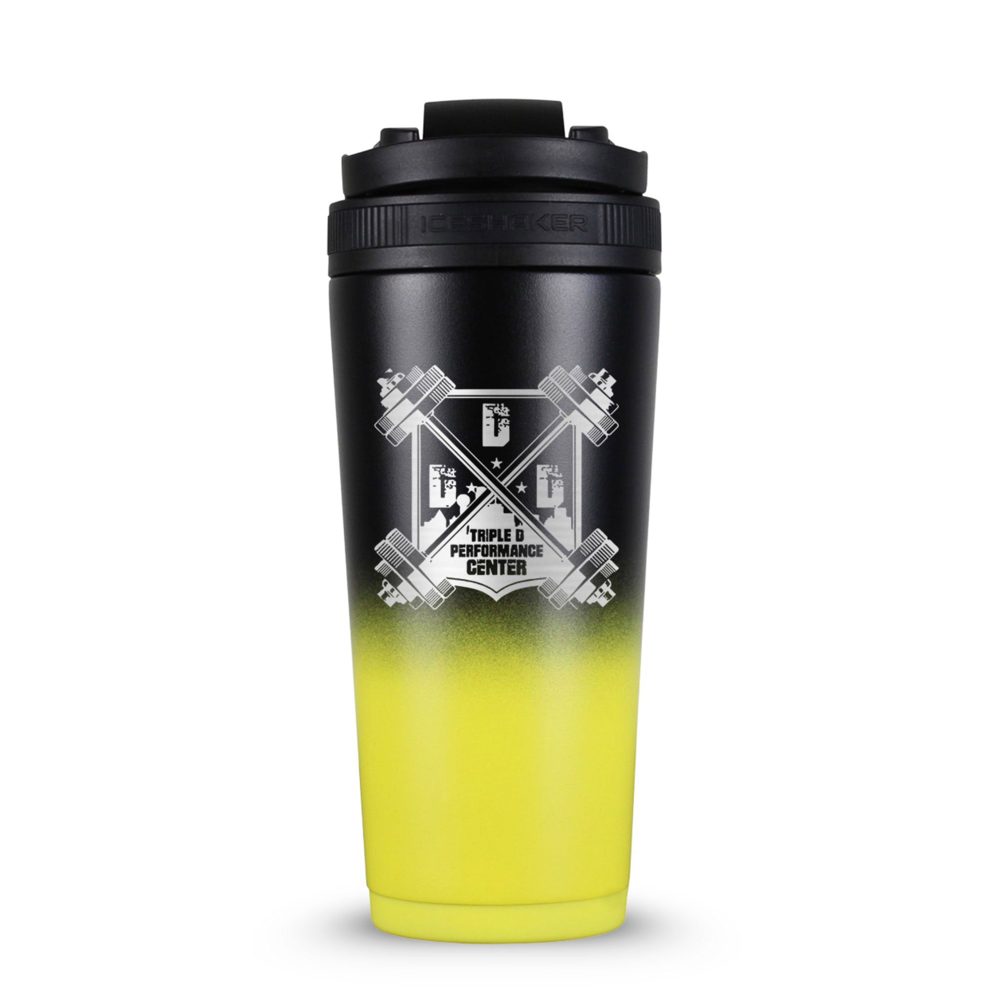 Black and yellow protein shaker bottle with Triple D Performance Center engraved on it.