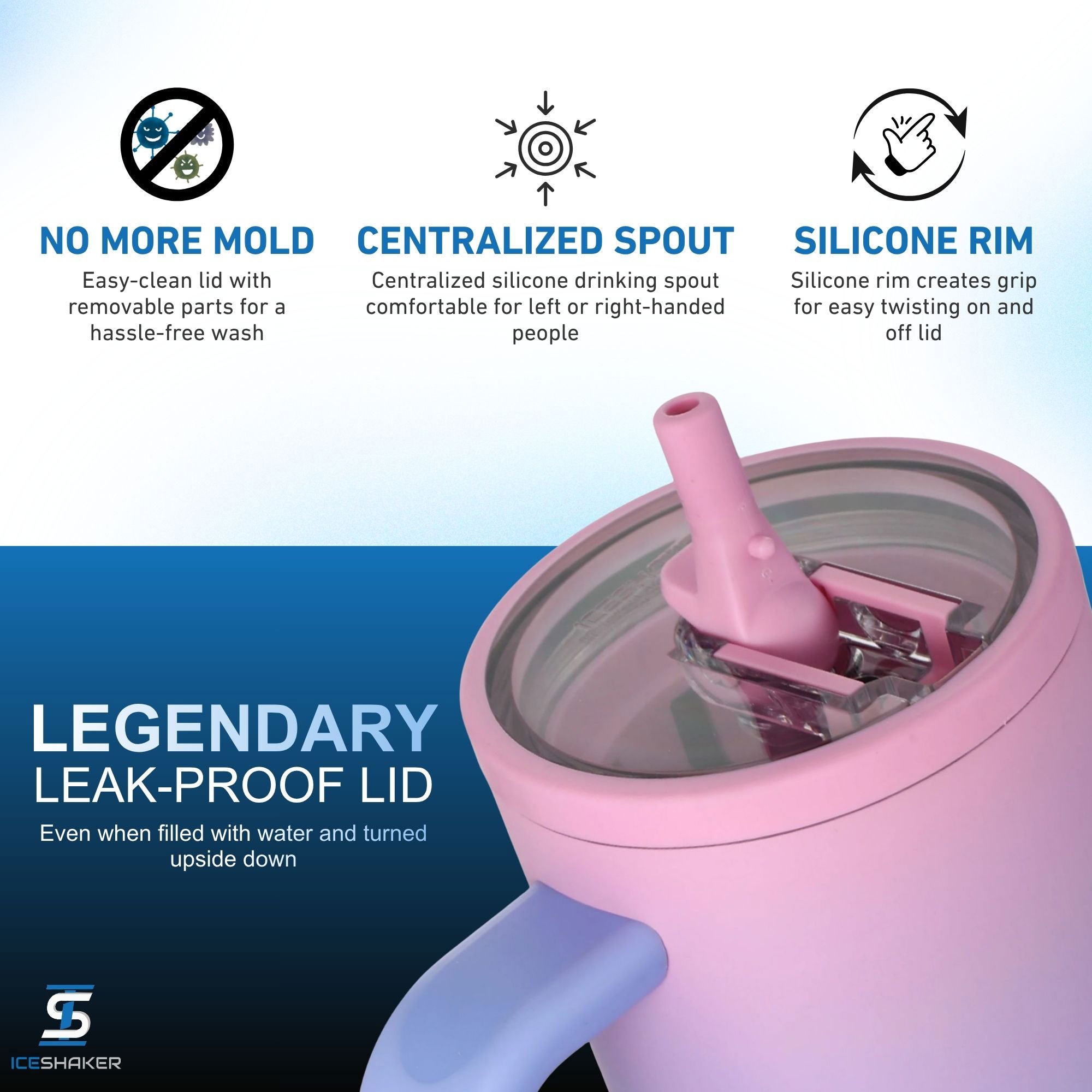 A close-up view of Ice Shaker's Light Pink and Lilac Periwinkle Haze 32oz Legend Bottle Lid with legendary features including: 100% leak-prof with removable parts of easy-cleaning to stop mold growth, a centralized silicone drinking spout, and a silicone rim for easy lid removal.
