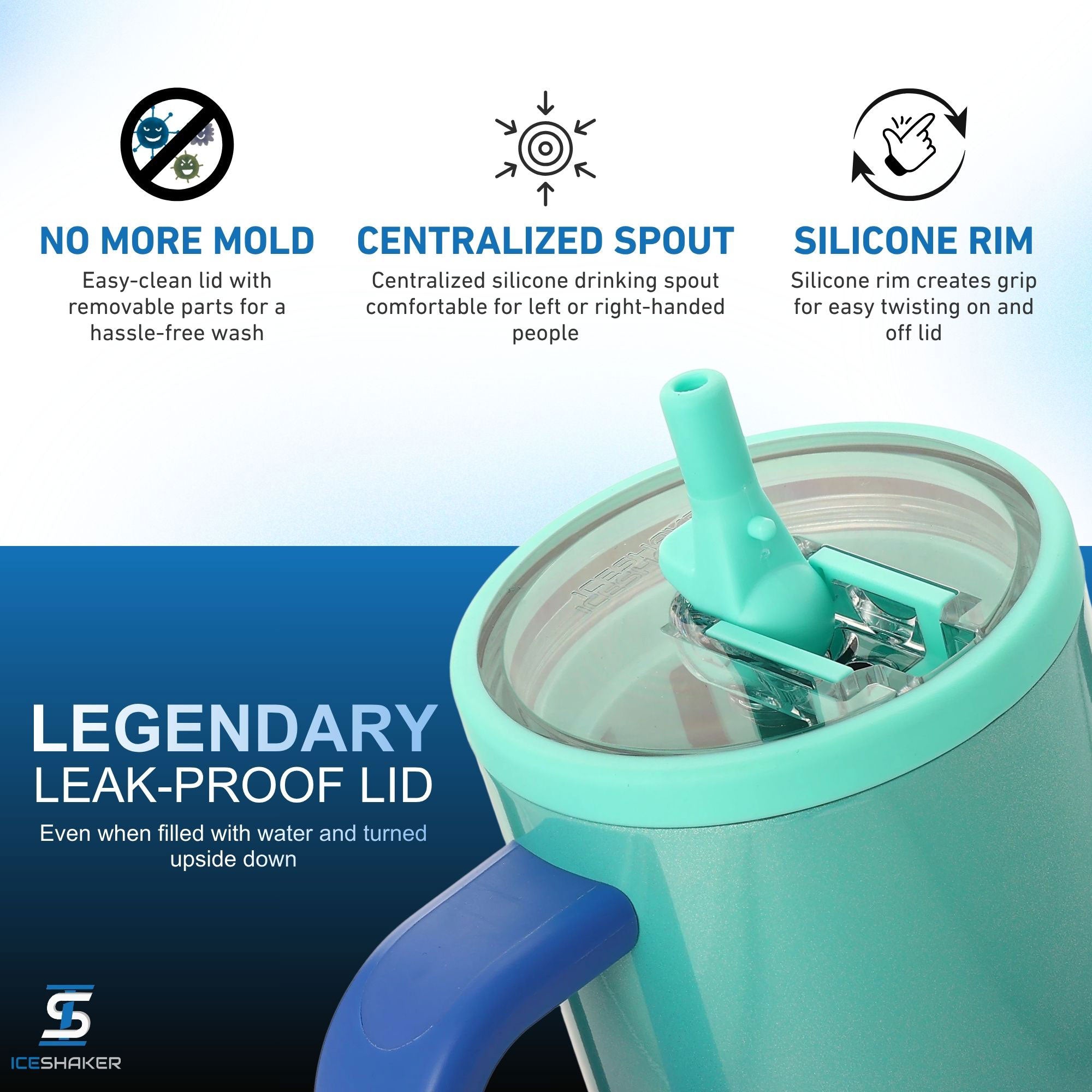 Ice Shaker's 32oz Ocean Breeze Legend Series Shaker Tumbler with a mint green lid and blue handle, featuring a glossy mint green and blue ombre body. The image includes marketing text and icons highlighting the legendary leak-proof lid, mold-free design, the silicone rim, and a centralized silicone drinking spout.
