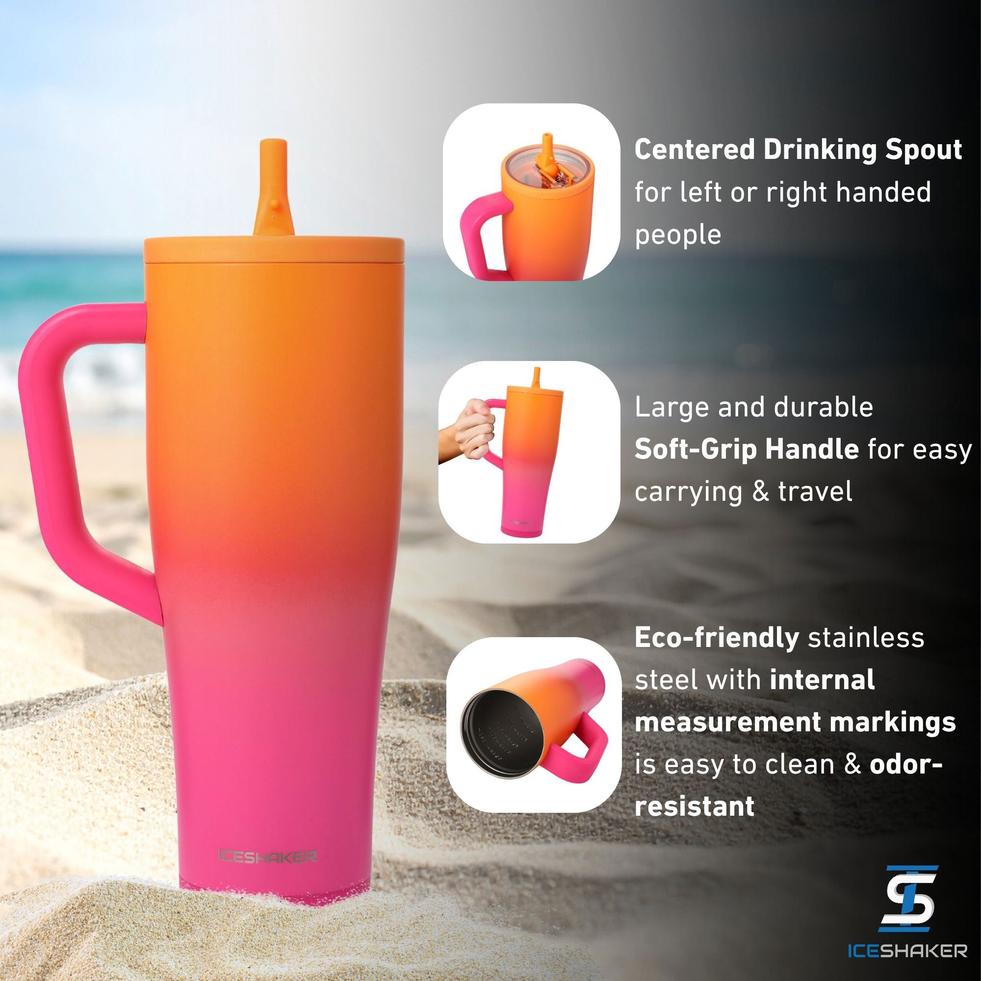 Sunkissed 32oz Legend Series Shaker Tumbler with a pink and orange gradient design, featuring a pink handle, shown on a sandy beach with three product feature callouts including: a centered silicone drinking spout for left or right handed people, a large and durable soft-grip handle, and made from eco-friendly stainless-steel that's easy to clean and odor resistant.
