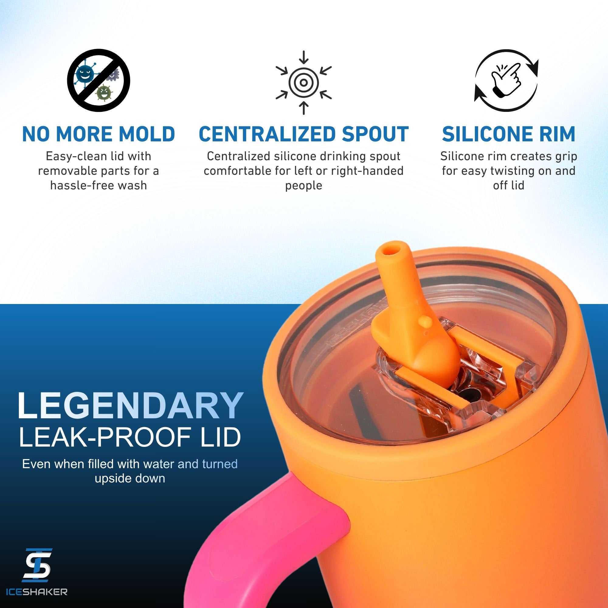 A close-up view of the Sunkissed 32oz Legend Series Shaker Tumbler's Legendary leak-proof lid with a bright pink handle and an orange silicone drinking-spout, shown on a blue-to-white gradient background with feature callouts: 'NO MORE MOLD,' 'CENTRALIZED SILICONE DRINKING SPOUT,' and 'SILICONE RIM.'.