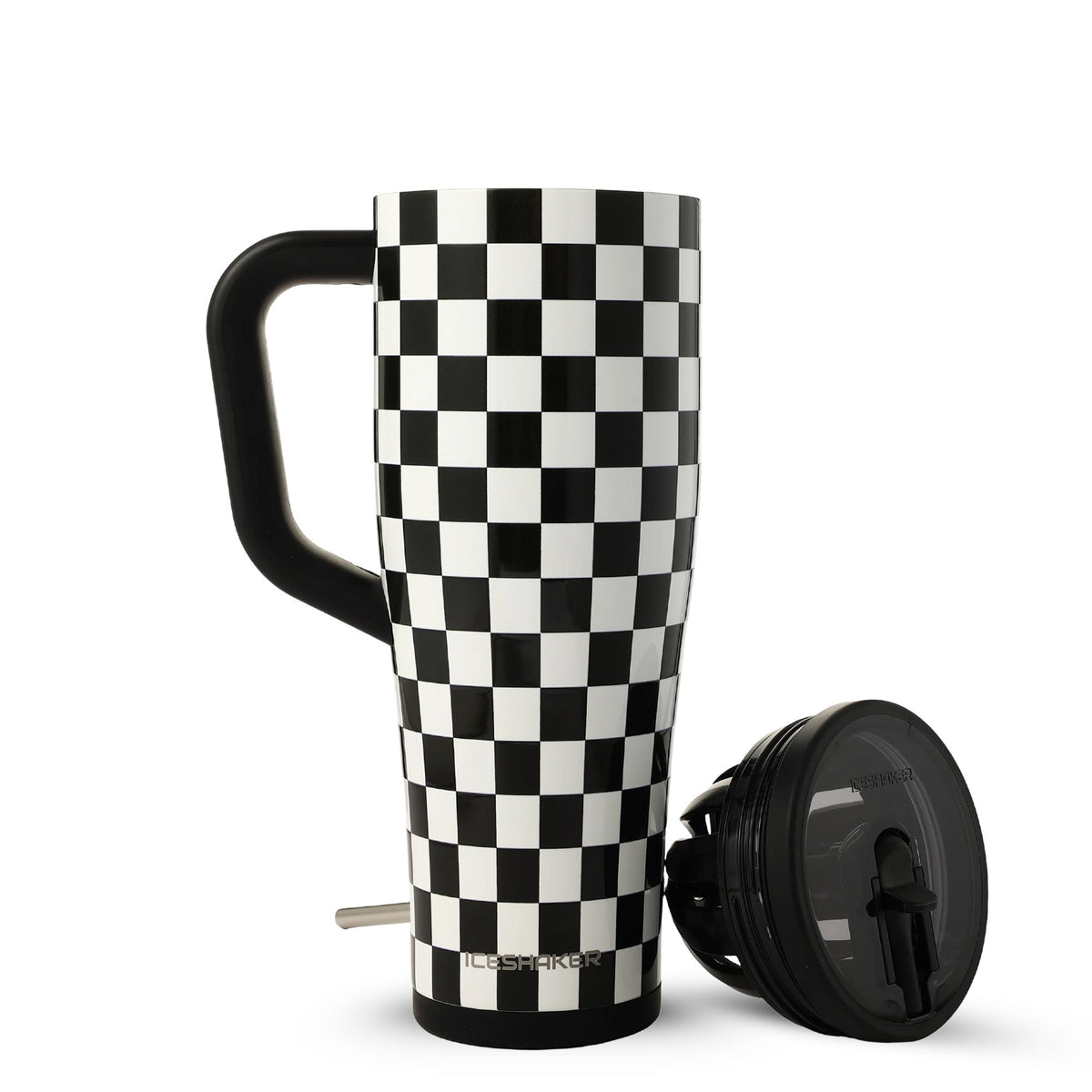 Checkers tumbler with lid, agitator and straw separated