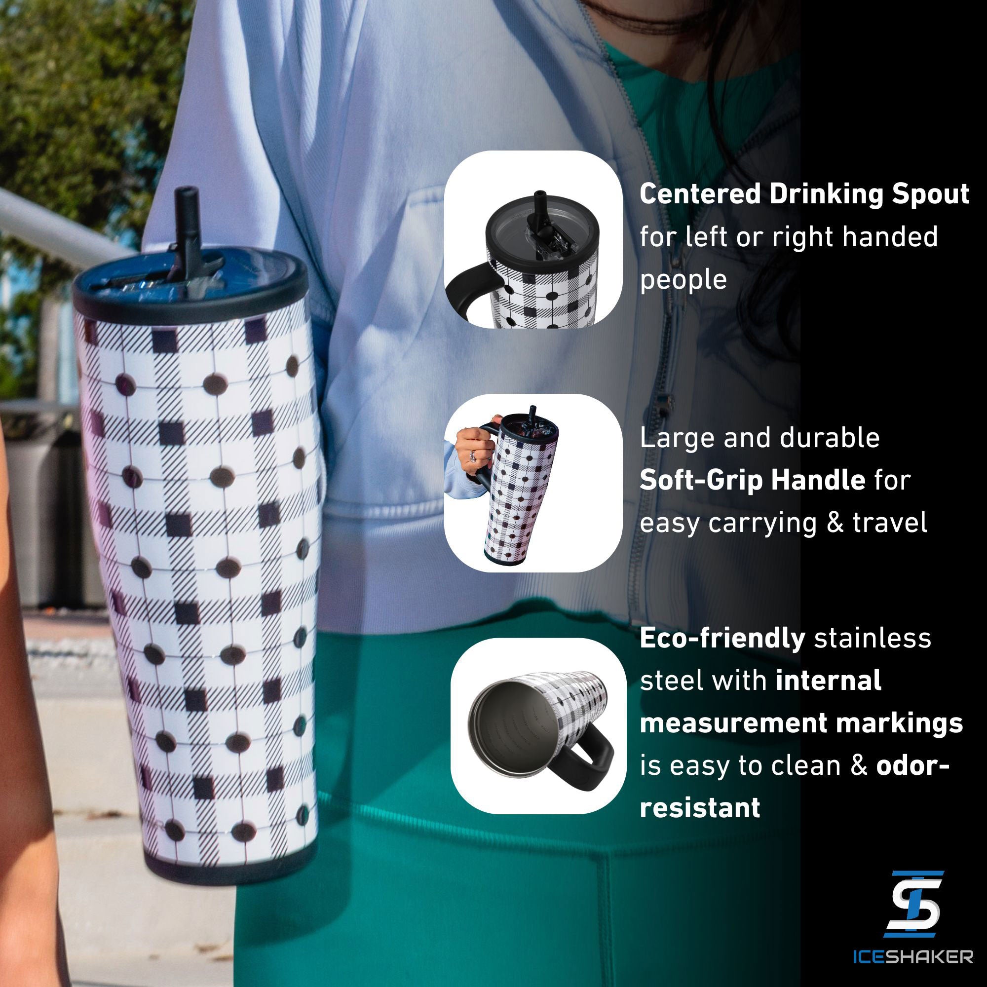 The Check Me 40oz Legend Tumbler with important product features highlighted including: the silicone centered drinking spout, the large soft-grip handle and the bottle being made from eco-friendly, odor-resistant stainless-steel.