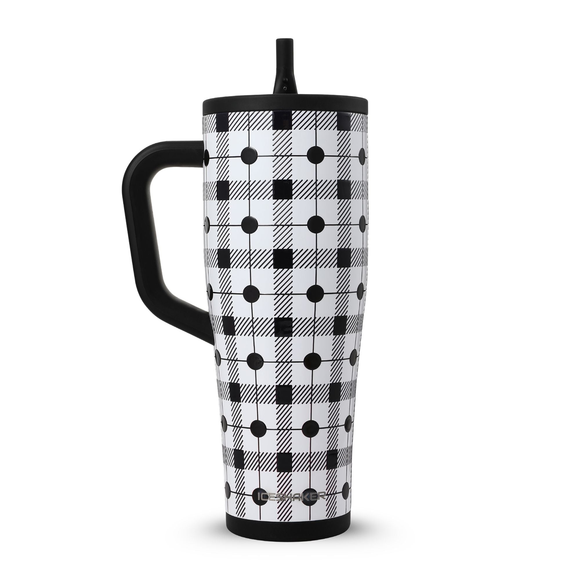 The front view of the Check Me 40oz Legend Series Shaker Tumbler with black and white plaid pattern on a white background