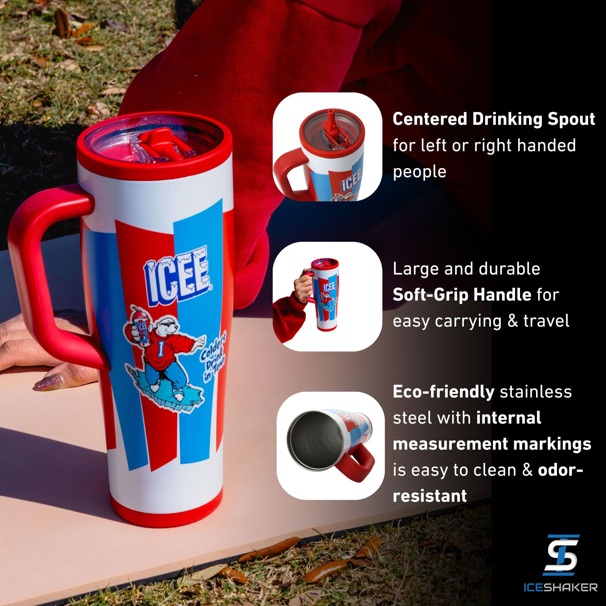 The ICEE 40oz Legend Tumbler with important product features highlighted including: the silicone centered drinking spout, the large soft-grip handle and the bottle being made from eco-friendly, odor-resistant stainless-steel.