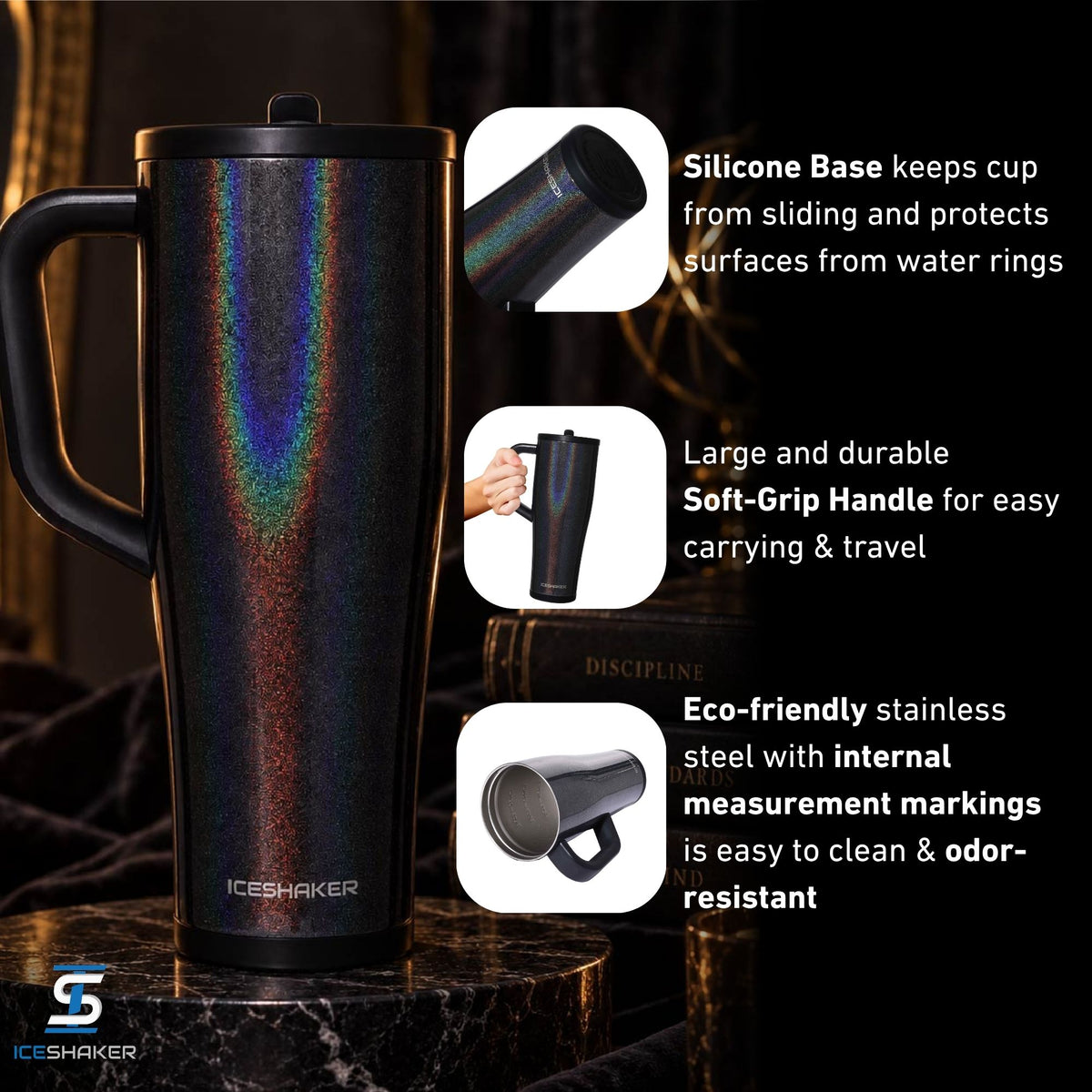 Glitter Black feature overview infographic