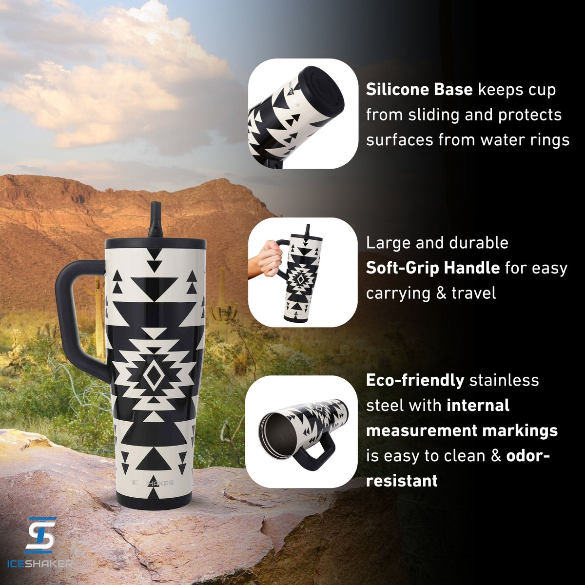 A black and white geometric patterned Ritual legend tumbler with a handle and straw is shown outdoors on a rock with desert mountains in the background, alongside three feature callouts with text about a silicone base, large soft-grip handle, and eco-friendly stainless steel interior.