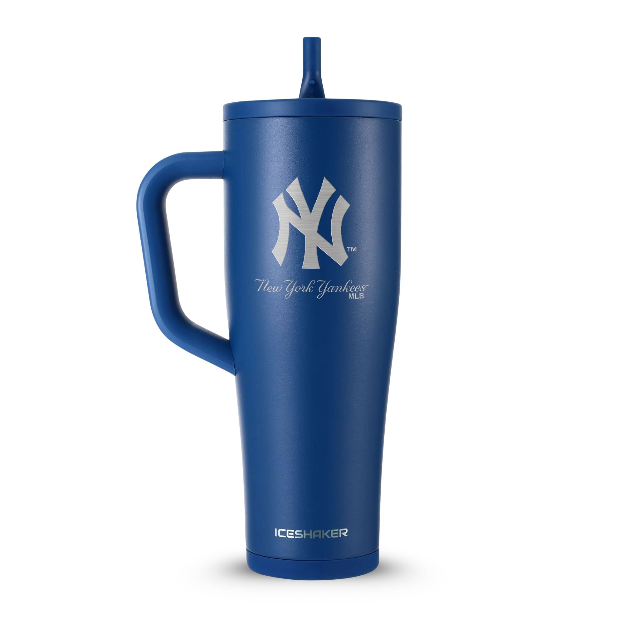 Navy 40oz Legend Series Ice Shaker with the New York yankees team logo engraved on the front of it.