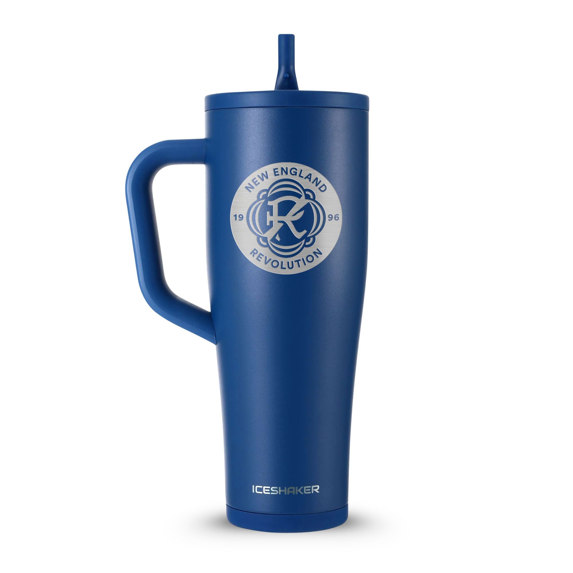Navy 40oz Legend Series Shaker Tumbler with the New England Revolution logo engraved on the front of it.