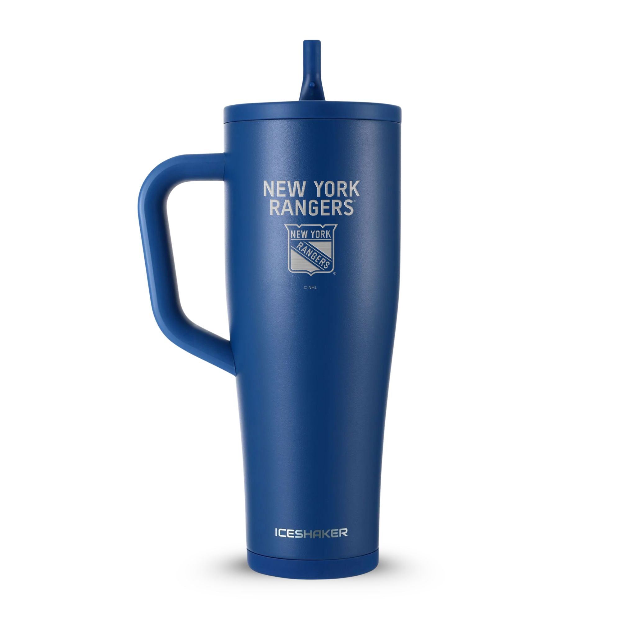 Navy 40oz Legend Series Shaker Tumbler with the New York Rangers logo engraved on the front of it.