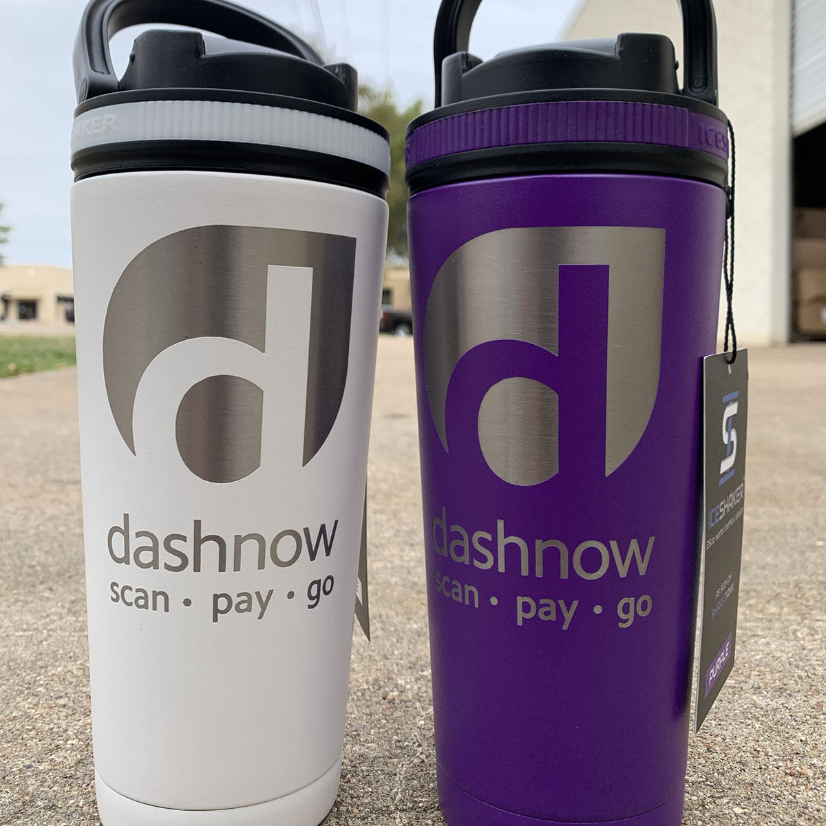 2 26oz Ice Shakers with Dashnow: Scan, pay, go logo engraved on them.