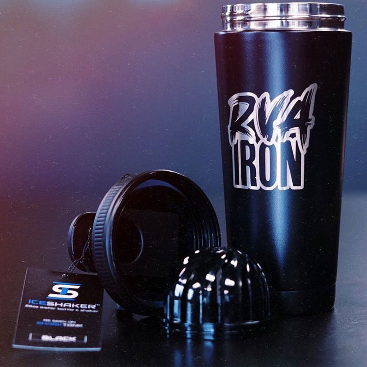 A Black 26oz Ice Shaker with the RVA IRON logo engraved on it.