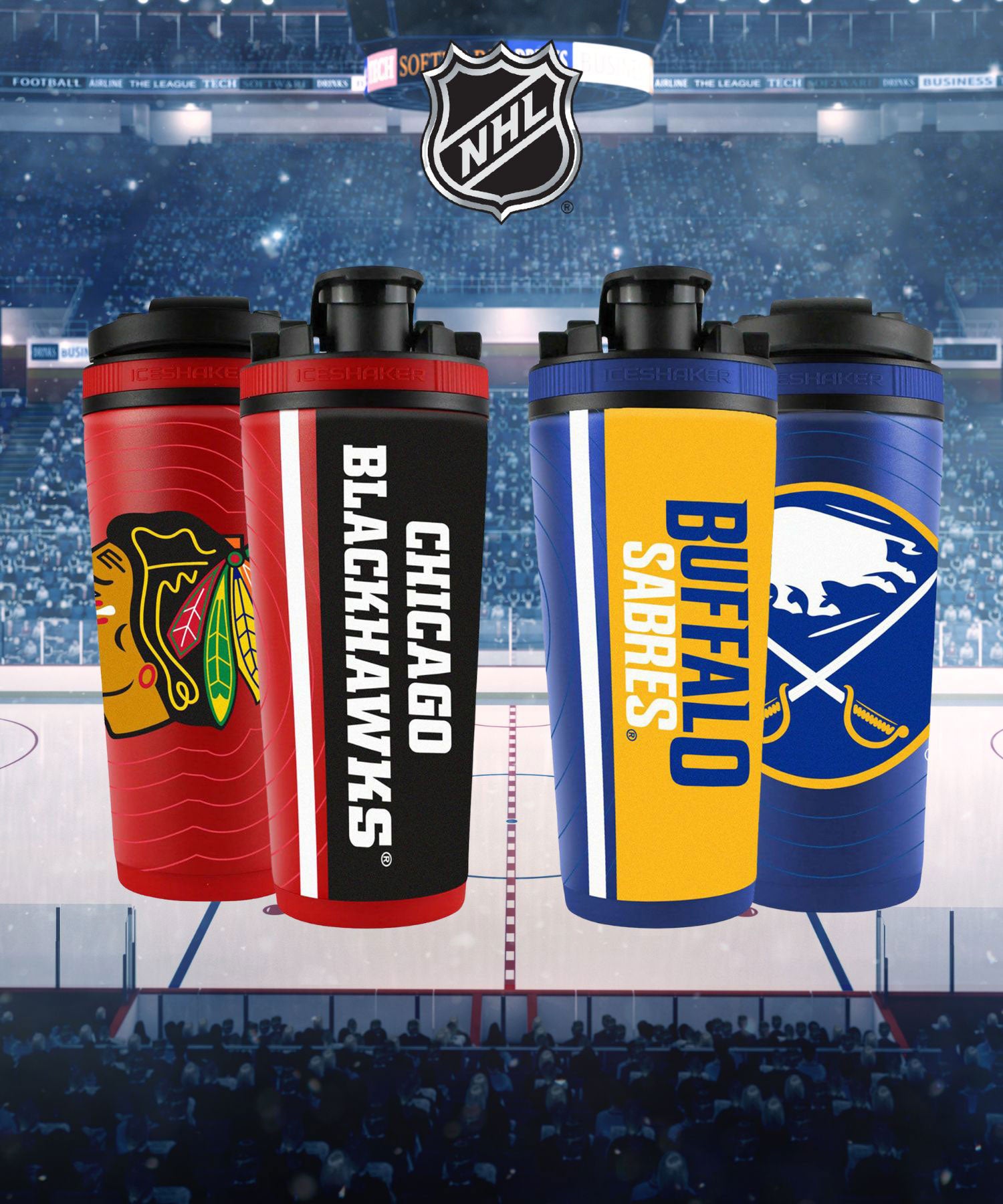 A website banner containing the Chicago Blackhawks and Buffalo Sabres NHL 4D Ice Shakers. Click to shop the NFL collection now.