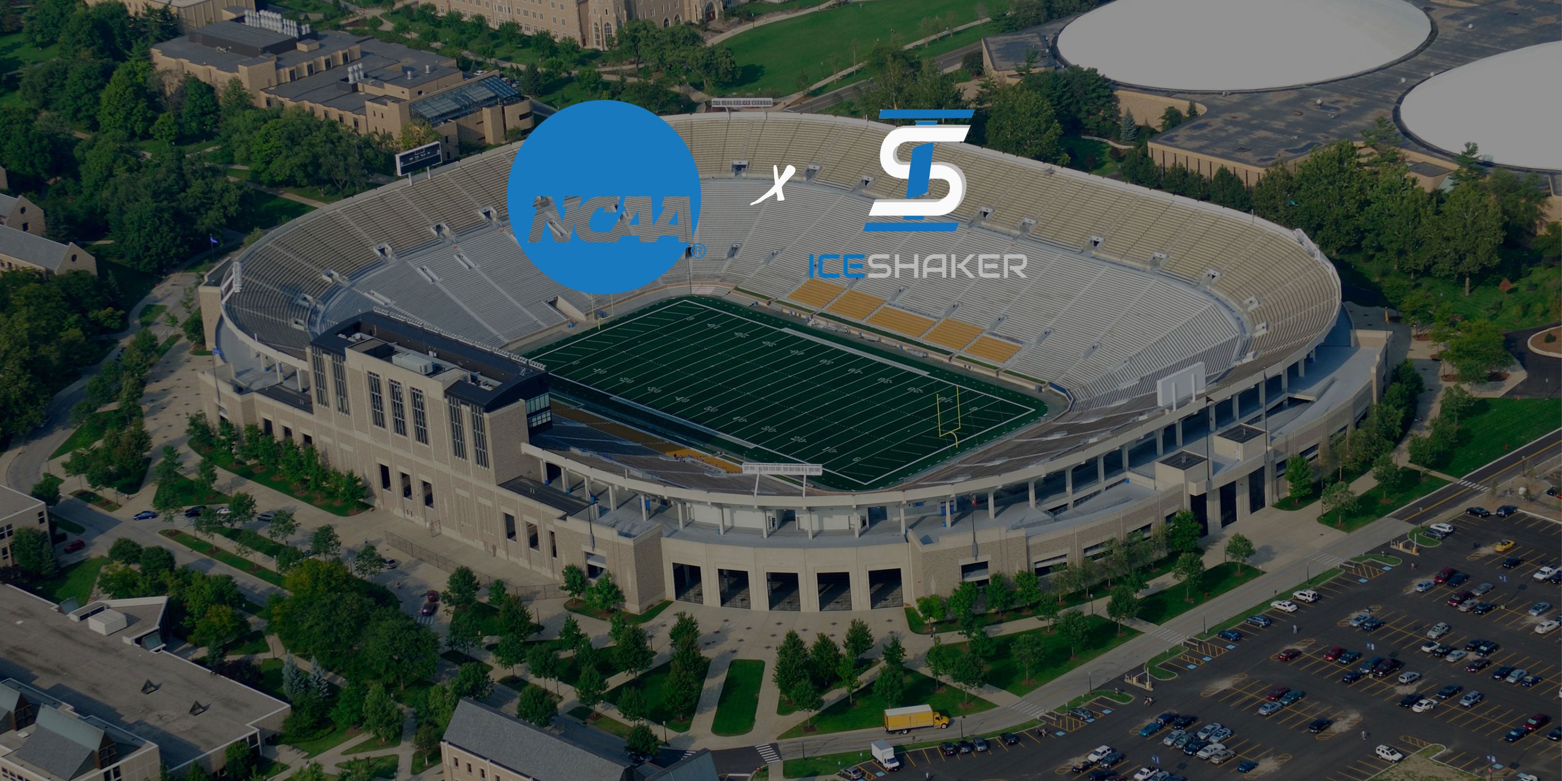 A banner that spread across the entire length at the top of the page. It contains an birds-eye view of a college football stadium. The Official NCAA logo and Ice Shaker Logo are overlayed on the image
