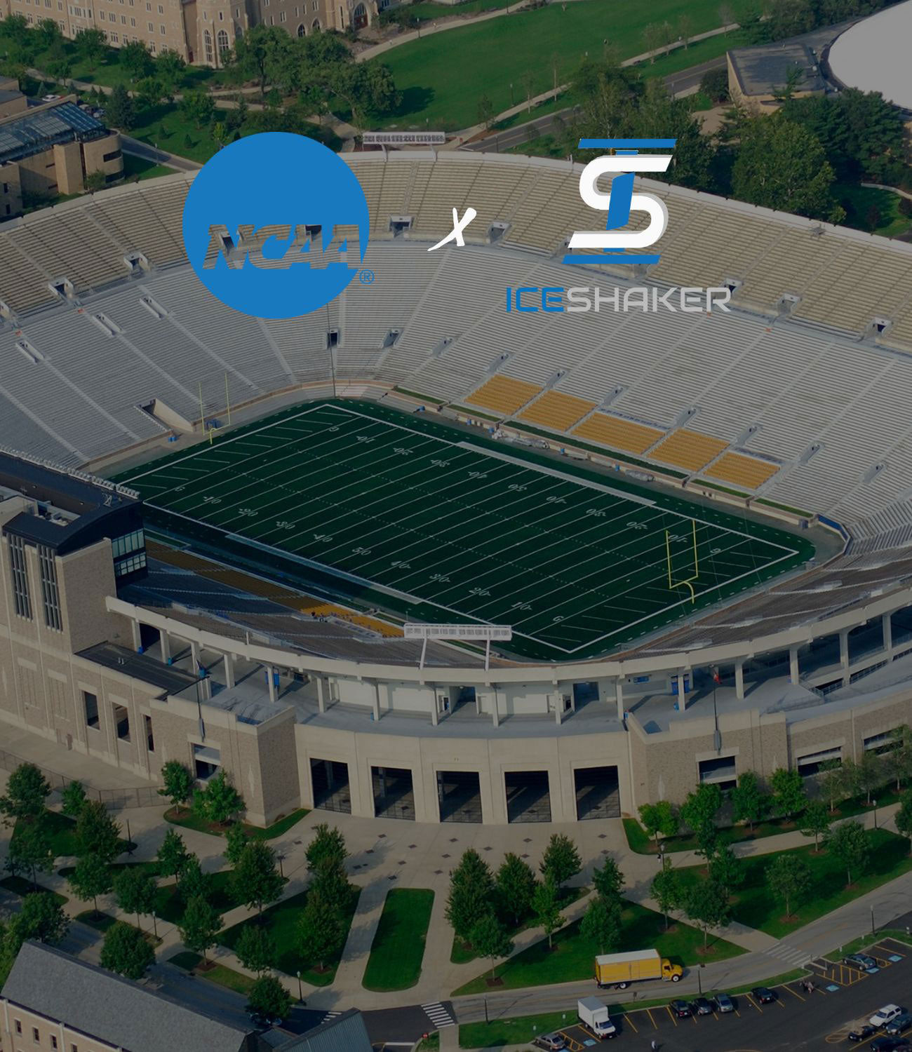 A banner that spread across the entire length at the top of the page. It contains an birds-eye view of a college football stadium. The Official NCAA logo and Ice Shaker Logo are overlayed on the image