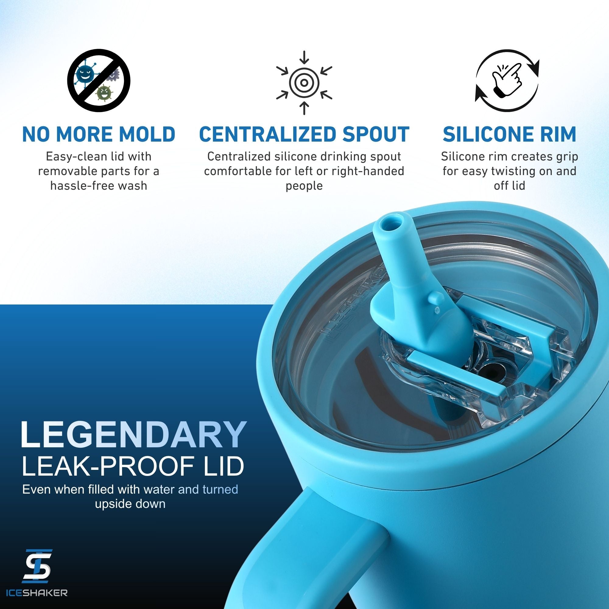 A close-up view of Ice Shaker's Caribbean Blue 40oz Legend Bottle Lid with legendary features including: 100% leak-prof with removable parts of easy-cleaning to stop mold growth, a centralized silicone drinking spout, and a silicone rim for easy lid removal.