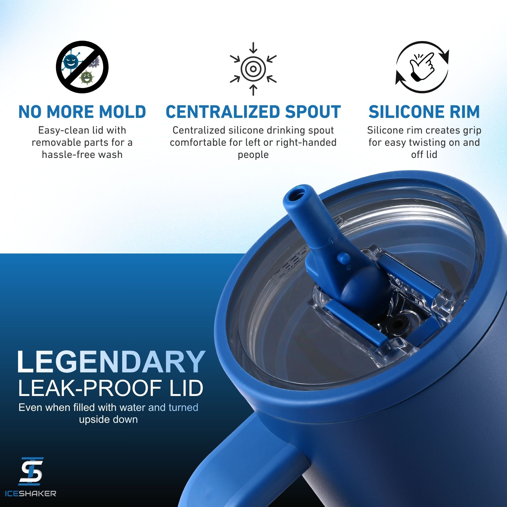 A close-up view of Ice Shaker's Navy 40oz Legend Bottle Lid with legendary features including: 100% leak-prof with removable parts of easy-cleaning to stop mold growth, a centralized silicone drinking spout, and a silicone rim for easy lid removal.