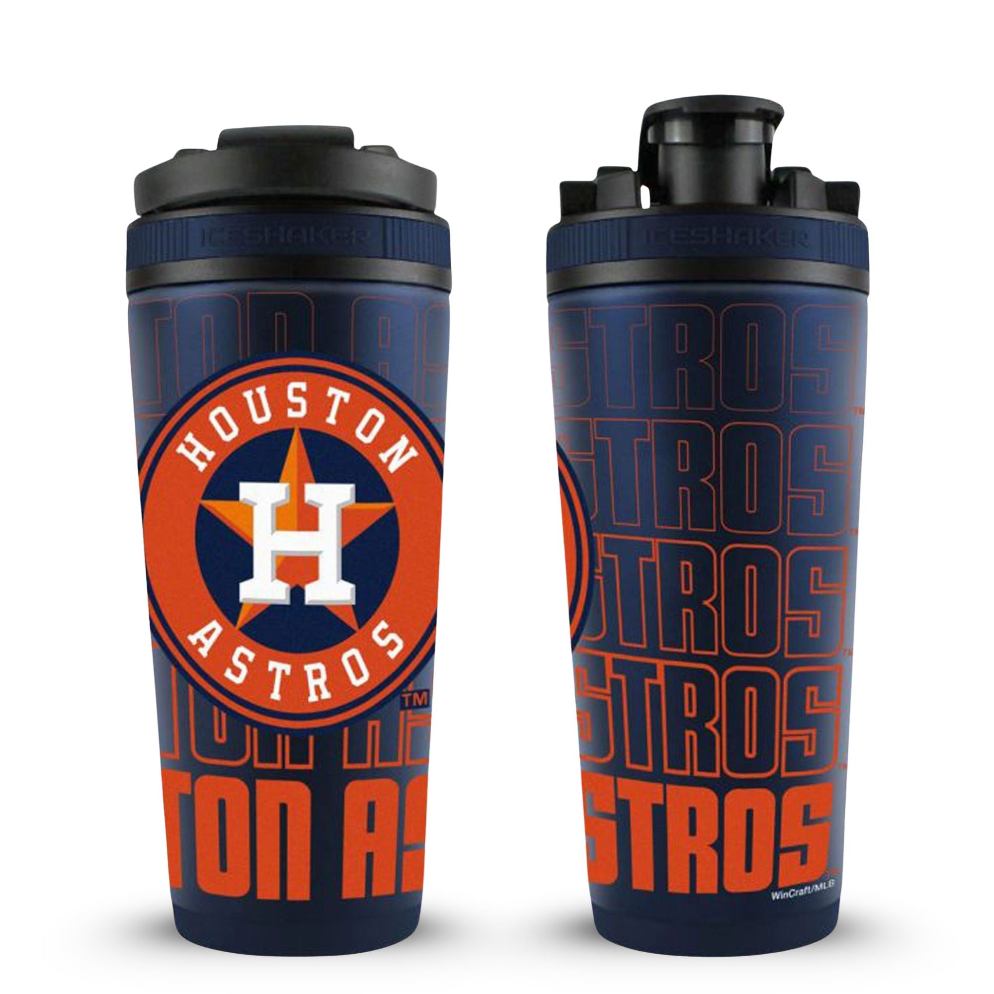 the front and back view of the Houston Astros 4D 26oz Ice Shaker, featuring the Houston Astros 4D-wrap which has graphics of the Astros logo overlayed on Houston Astros text that wraps around the entire cup.