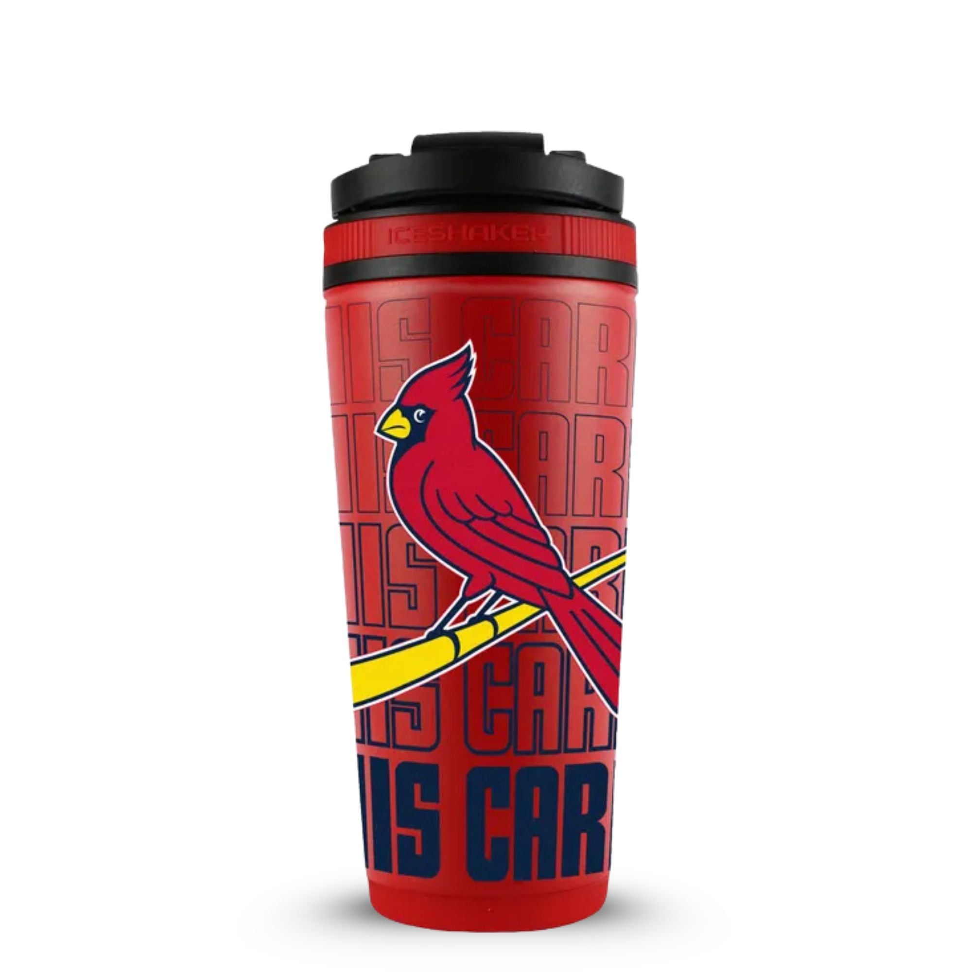 The back view of the St. Louis Cardinals 4D 26oz Ice Shaker. The bottle is wrapped in a St. Louis Cardinals-themed 4D-wrap with the text "St. Louis Cardinals" wrapping around the entire cup and the Red Cardinal sitting on a baseball bat on the back view of the bottle.