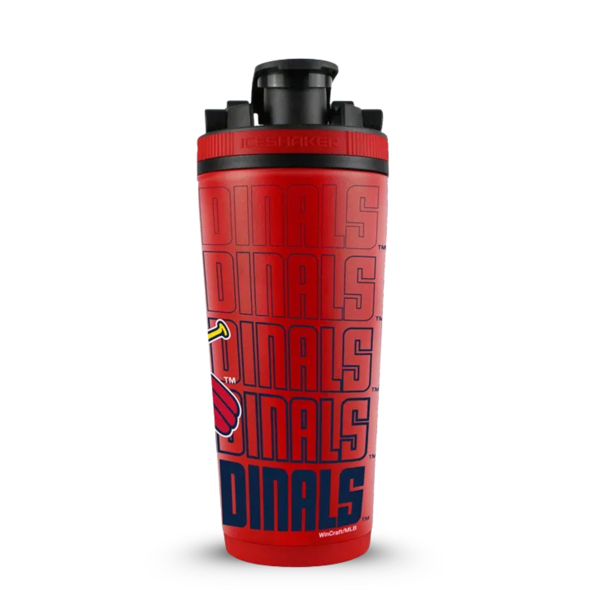 The front view of the St. Louis Cardinals 4D 26oz Ice Shaker. The bottle is wrapped in a St. Louis Cardinals-themed 4D-wrap with the text "St. Louis Cardinals" wrapping around the entire cup.