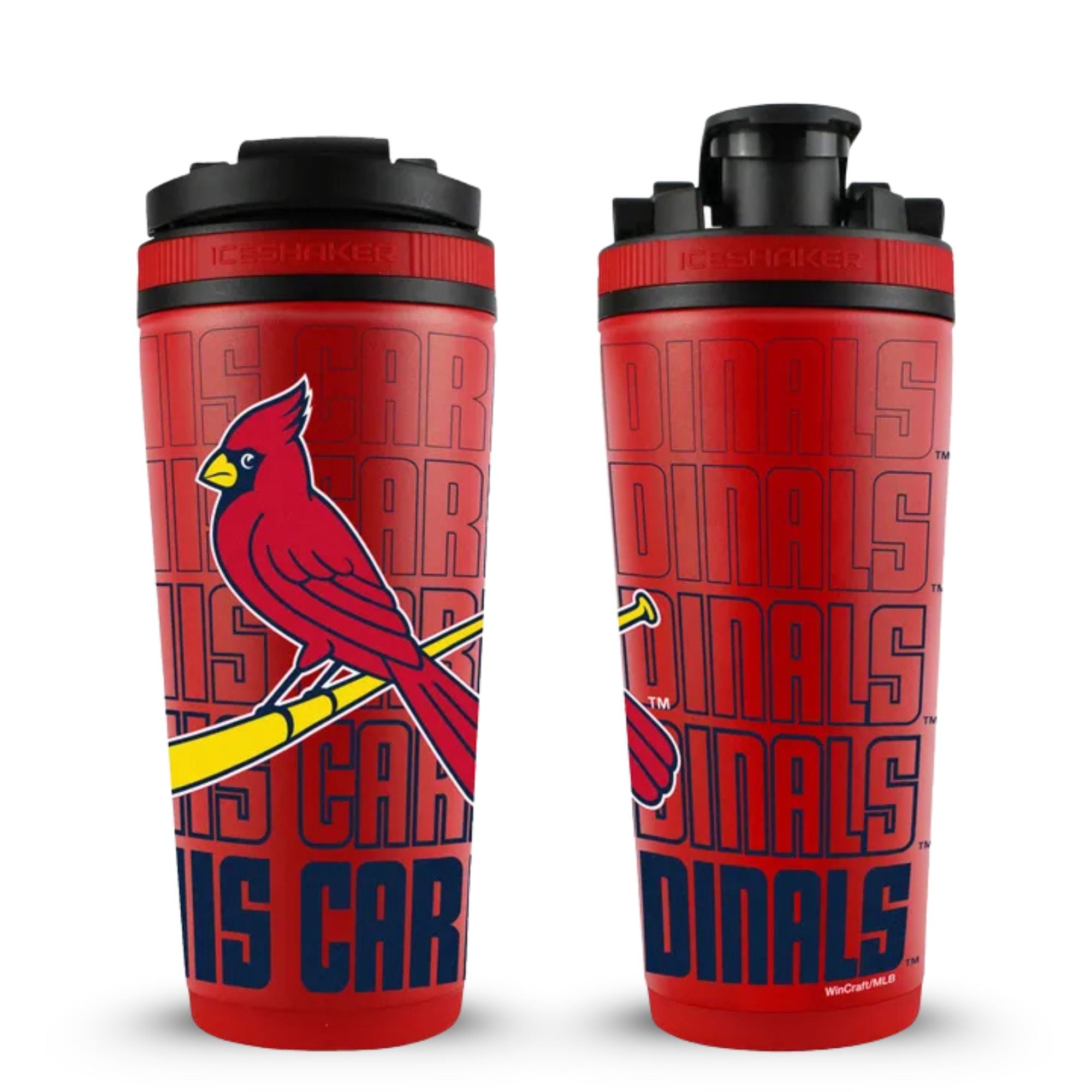 The front and back view of the St. Louis Cardinals 4D 26oz Ice Shaker. The bottle is wrapped in a St. Louis Cardinals-themed 4D-wrap with the text "St. Louis Cardinals" wrapping around the entire cup and the Red Cardinal sitting on a baseball bat on the back view of the bottle