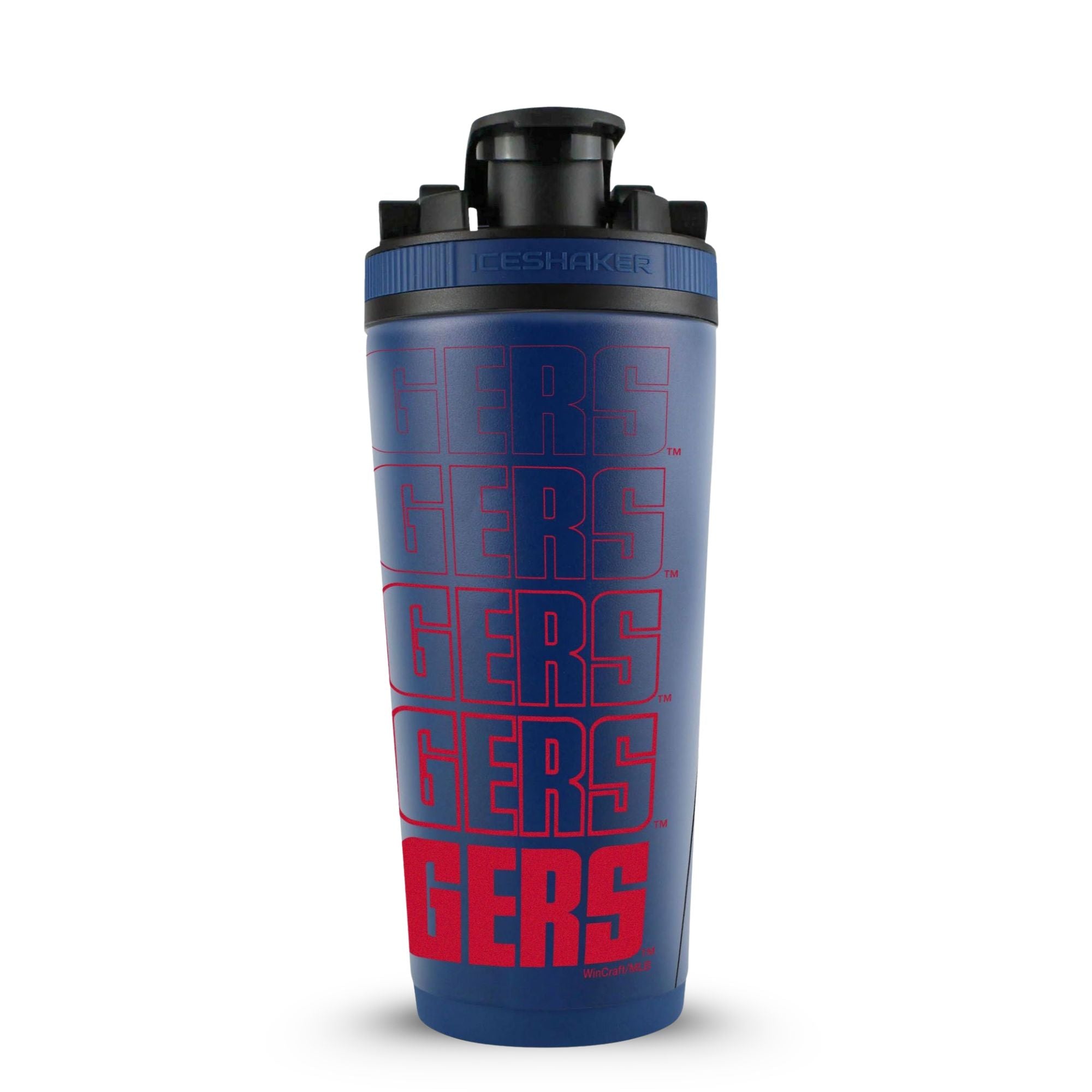 The front view of the Texas Rangers 4D 26oz Ice Shaker. This bottle is wrapped in a 4D-Wrap that features text "Texas Rangers" wrapped around the entire bottle.