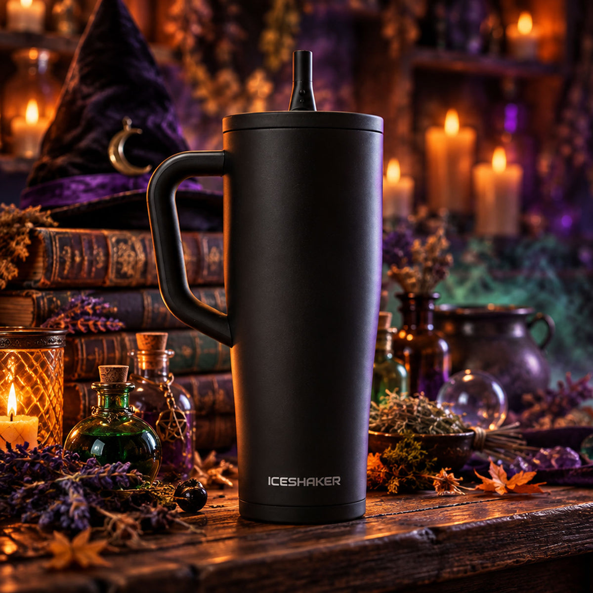 Ceramic Black Legend tumbler beside candles, potions and a witch hat