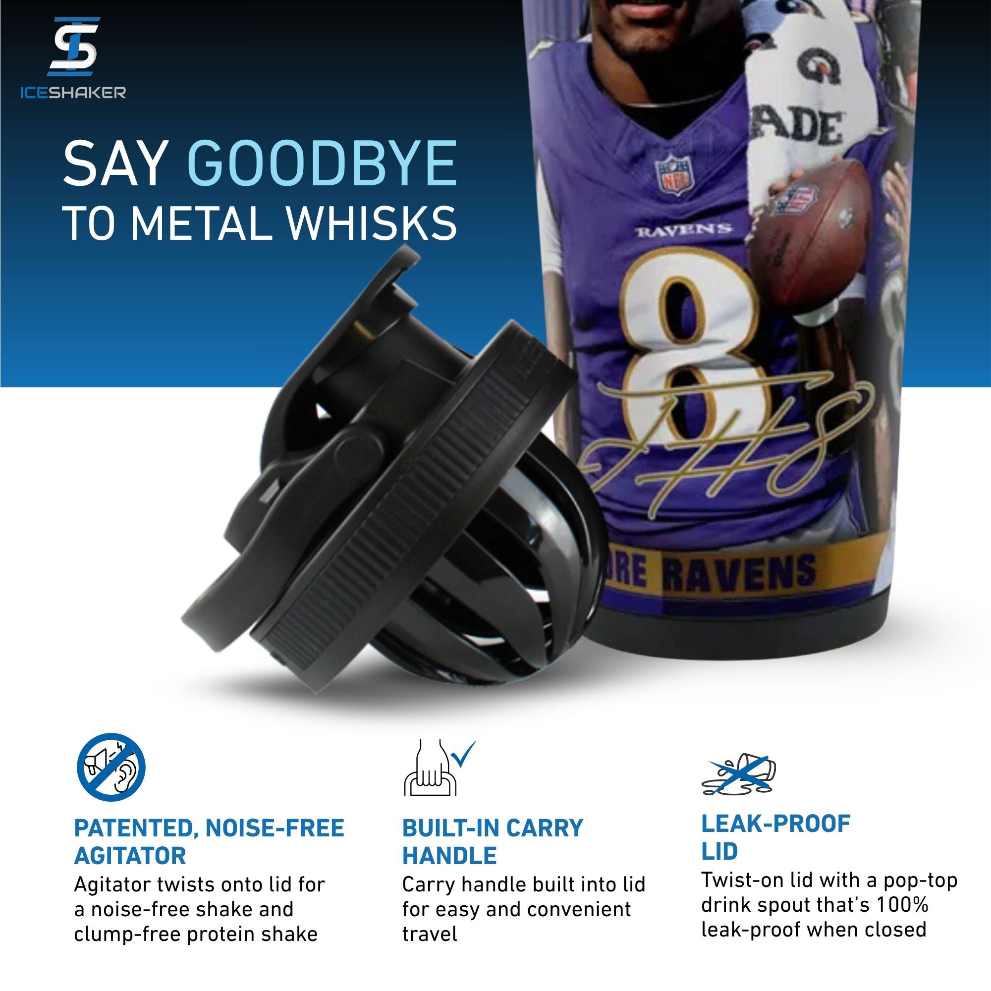 A close-up view of Ice Shaker's Officially Licensed Lamar Jackson Shaker Bottle Lid with the bottle behind it on a white background with text that says "Say Goodbye to Metal Whisks". At the bottom of the image are product call-outs about the lid including: Patented noise-free agitator twists onto lid of a noise-free shake and clump-free protein shake, a built in carry handle on the lid for easy travel, and the leak-proof, twist-on lid.
