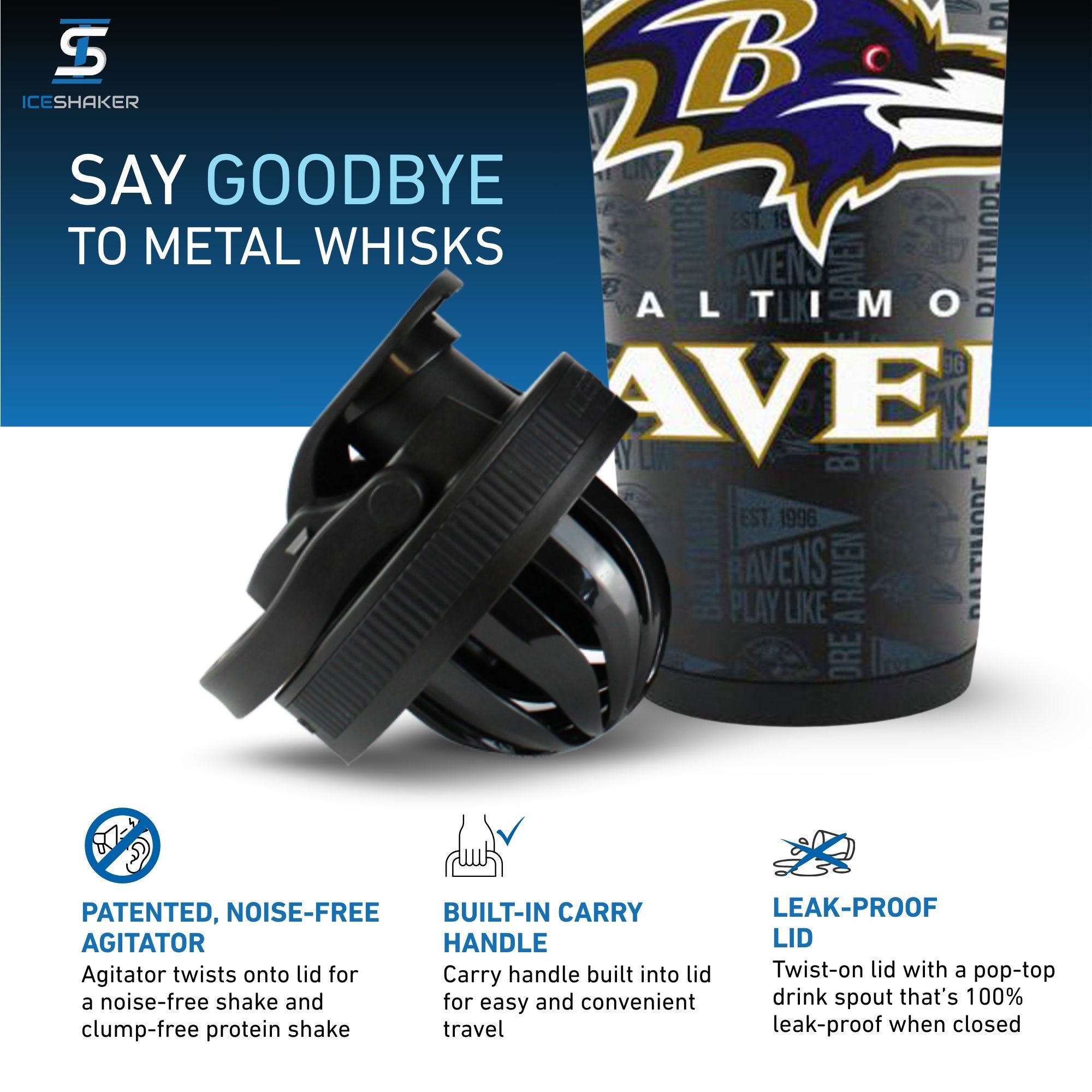 A close-up view of Ice Shaker's Officially Licensed Baltimore Ravens 4D Shaker Bottle Lid with the bottle behind it on a white background with text that says "Say Goodbye to Metal Whisks". At the bottom of the image are product call-outs including: Patented noise-free agitator twists onto lid of a noise-free shake and clump-free protein shake, a built in carry handle on the lid for easy travel, and the leak-proof, twist-on lid.