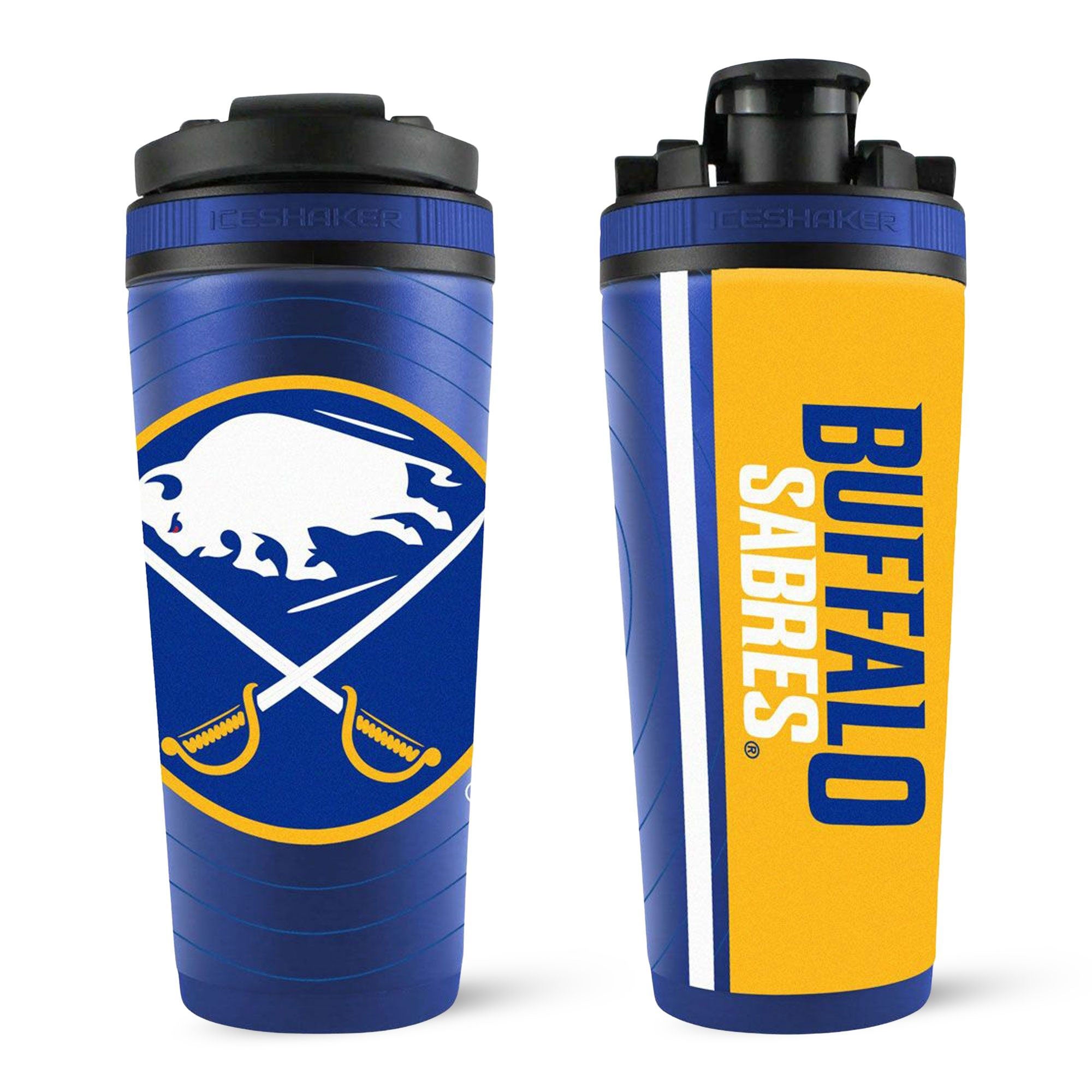 Front and back view of the Buffalo Sabres 4D Ice Shaker. It's wrapped in our Sonar 4D-wrap that features the Buffalo Sabres logo on the back and "Buffalo Sabres" text on the front.