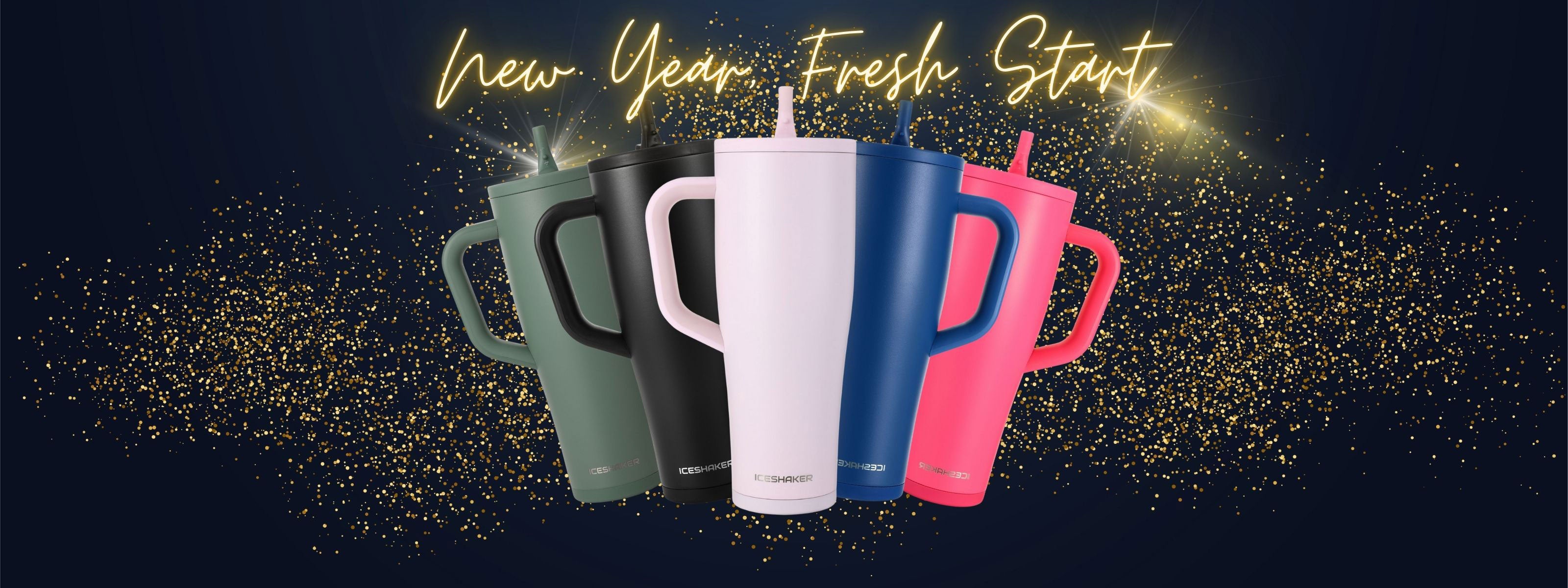 Four colorful insulated Legend Series Ice Shakers with a dark background and 'New Year, Fresh Start' text.