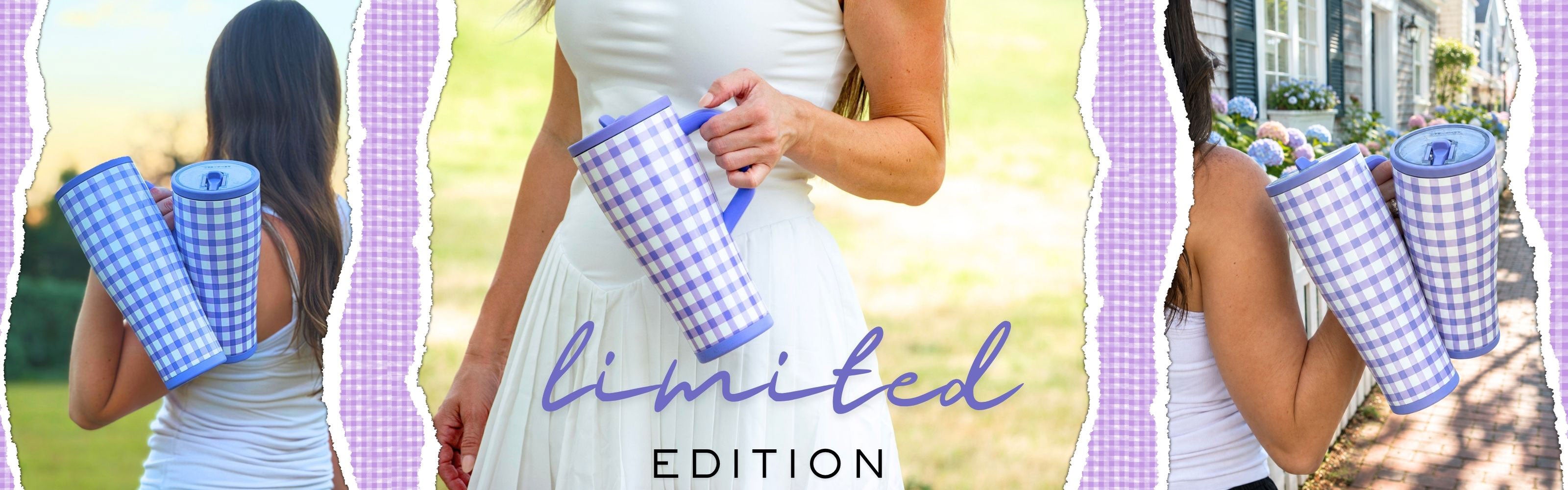 A promotional collage showing a woman outdoors carrying a purple-and-white gingham Legend Series Shaker Tumbler. The center panel has a large purple script reading 'limited EDITION' over a blurred outdoor background.