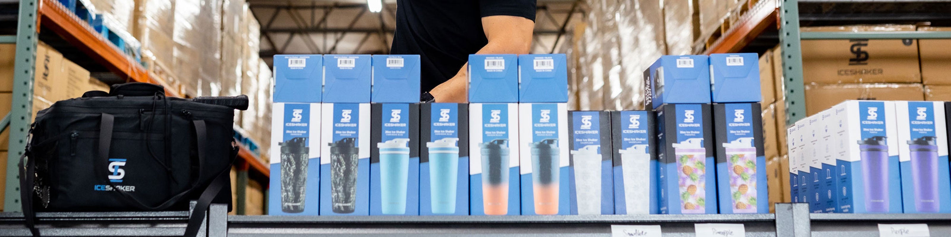 A banner with an image of Ice Shaker's product in packaging on a table.
