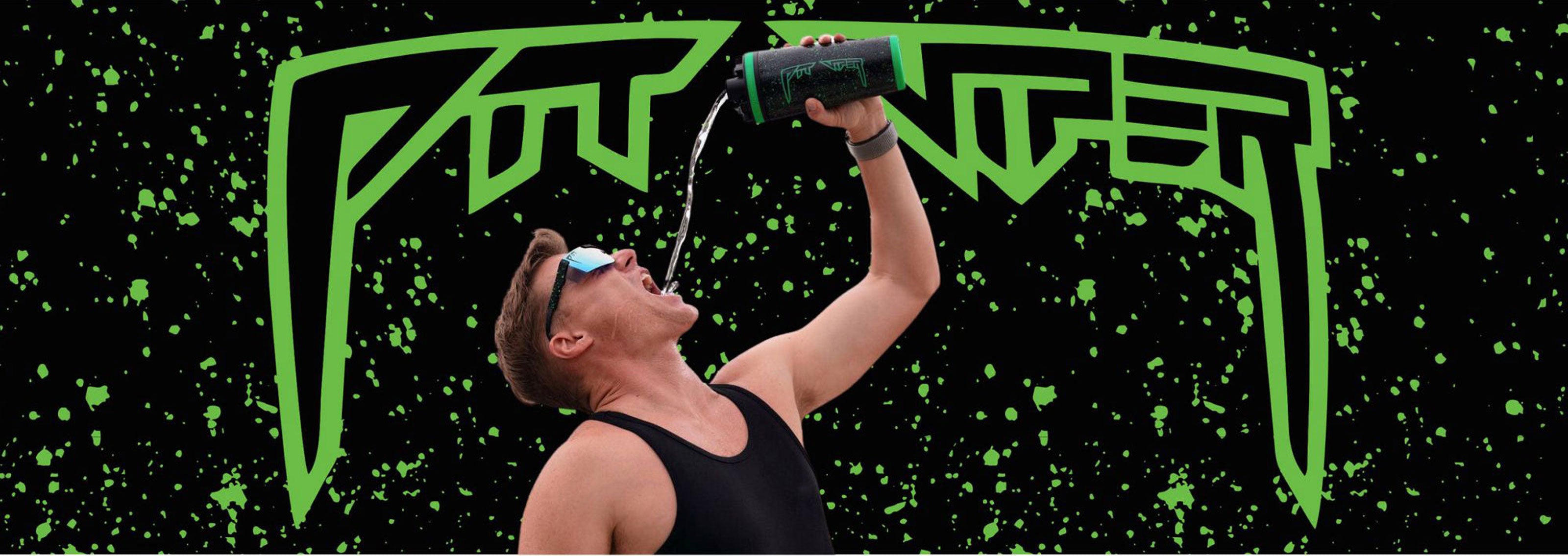 An banner that stretches across the width of the page. On it is the Pit Viper Logo outlined in a bright green color with splashes of light green all over the banner. In the center of the banner is a man in a black tank, wearing the Pit Viper X Ice Shaker Sunglasses and extending his hand above his head as he pours water into his mouth from the Custom Pit Viper 26oz Ice Shaker