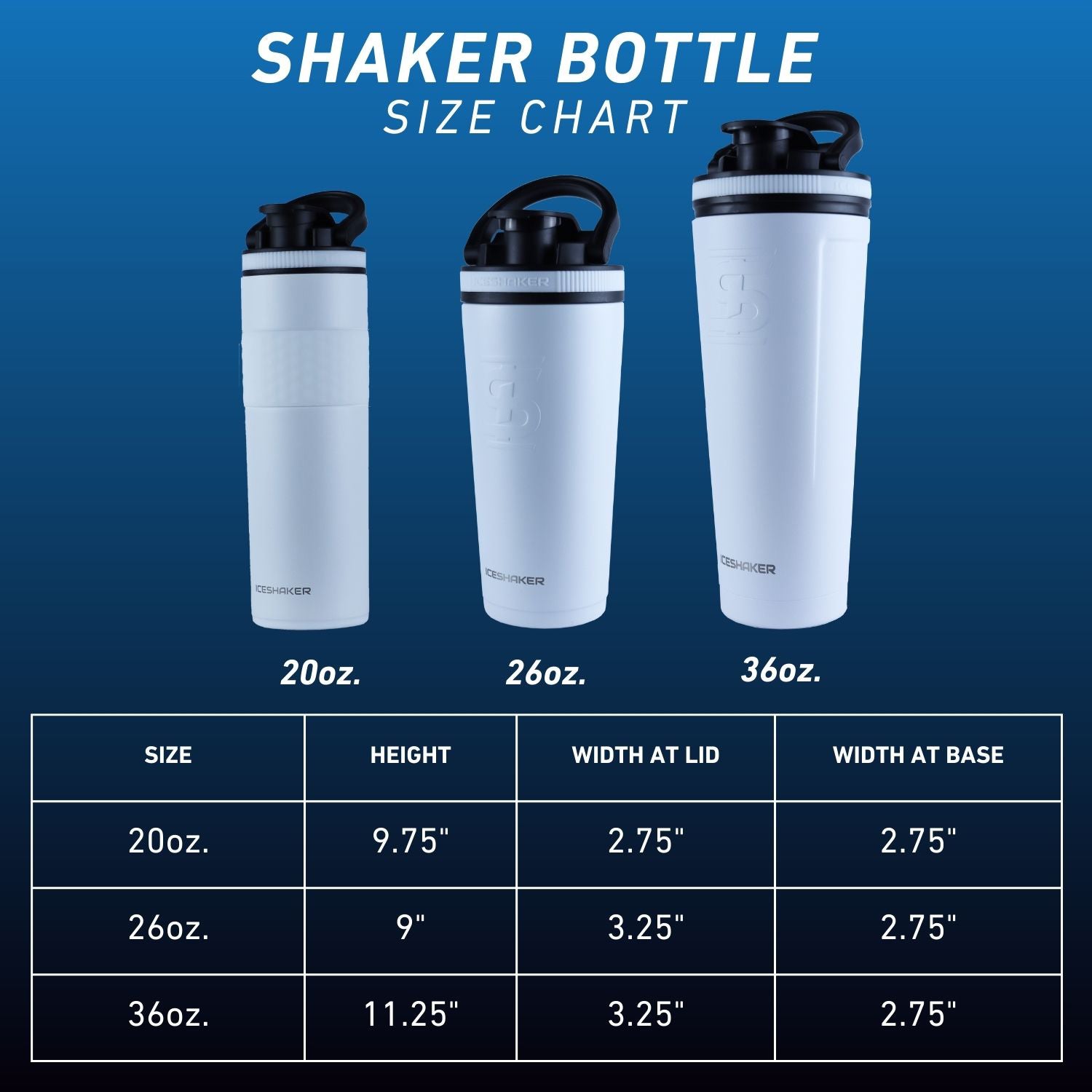 20oz Shaker Bottle Dimensions: Height = 9.75 inches. Width at Lid = 2.75 inches. Width at Base = 2.75 inches. 26oz Shaker Bottle Dimensions: Height = 9 inches. Width at Lid = 3.25 inches. Width at Base = 2.75 inches. 36oz Shaker Bottle Dimensions: Height = 11.25 inches. Width at Lid = 3.25 inches. Width at Base = 2.75 inches