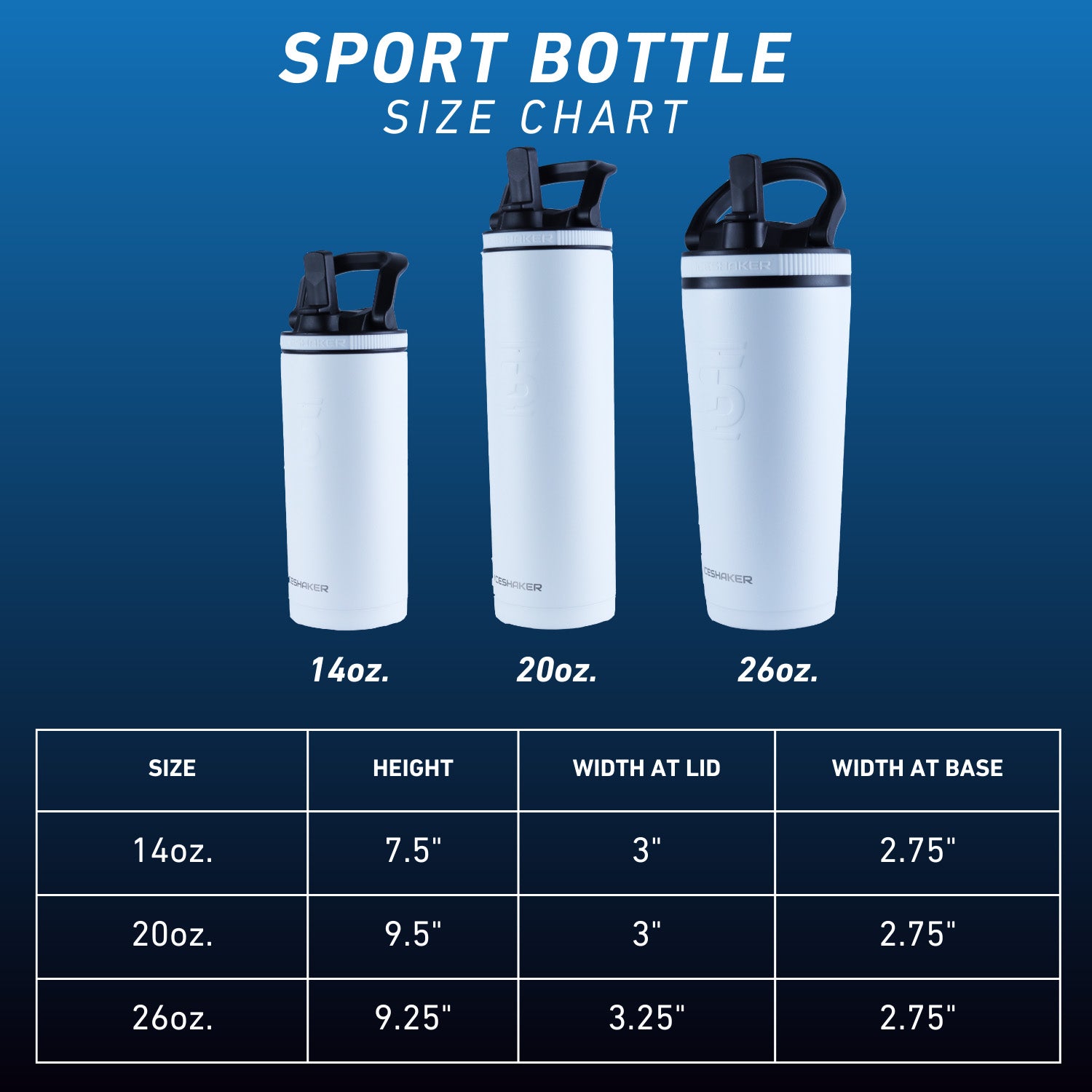 This size chart gives the following dimensions for each size. 14oz Sport Bottle Dimensions: 7.5 inches high by 3 inches wide at the lid by 2.75 inches wide at the base. 20oz Sport Bottle Dimensions: 9.5 inches high by 3 inches wide at the lid by 2.75 inches wide at the base of the cup. 26oz Sport Bottle Dimensions: 9.25 inches high by 3.25 inches wide at the lid of the cup by 2.75 inches wide at the base of the cup.