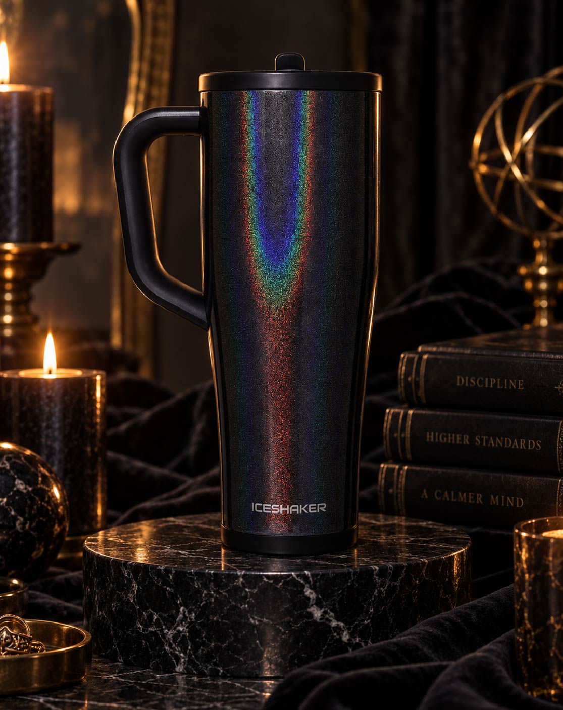 Glitter Black Legend Tumbler by candlelight, holographic finish