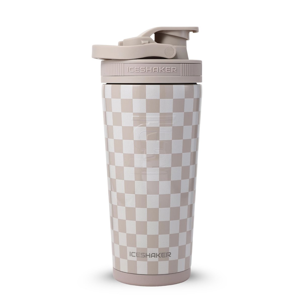 26oz Ice Shaker in Cobblestone, a tan-and-white checkerboard bottle with a tan lid