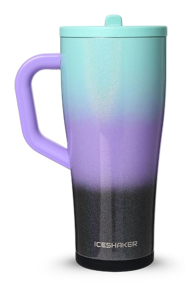 Glitter 13 Moons Legend Series tumbler: sparkling teal fading to lavender and black glitter, with a purple handle and teal lid