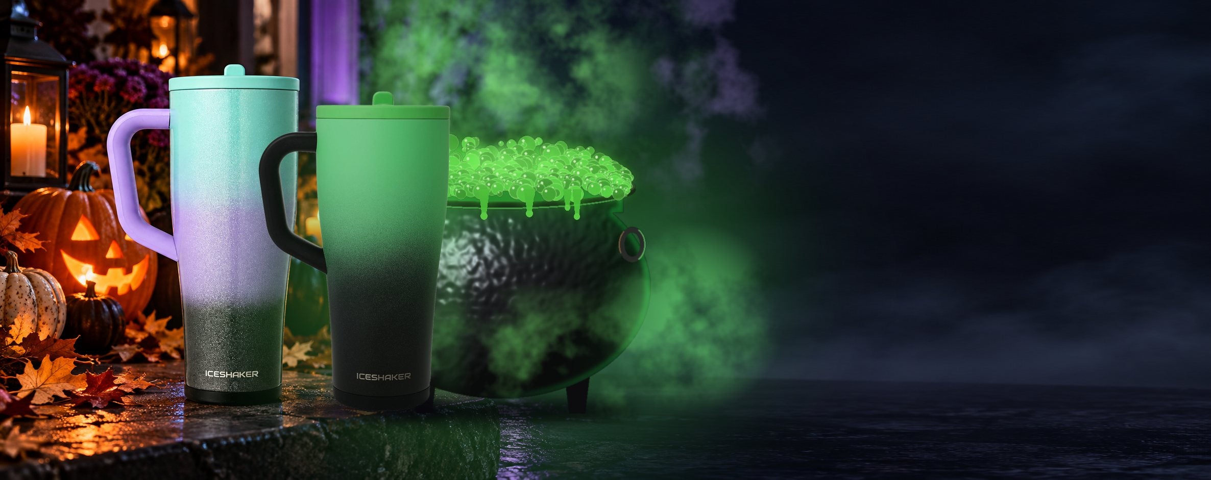 Glitter 13 Moons and Witches Brew tumblers on a stone step, with a bubbling green cauldron behind Witches Brew and glowing jack-o-lanterns