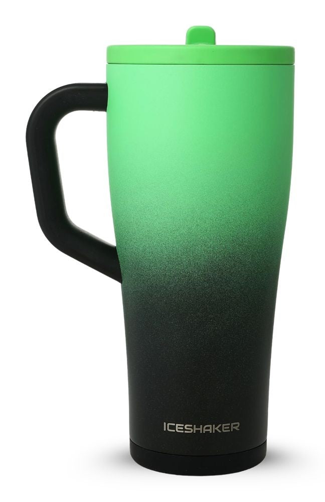 Witches Brew Legend Series tumbler: bright potion green fading to black, with a black handle and green lid